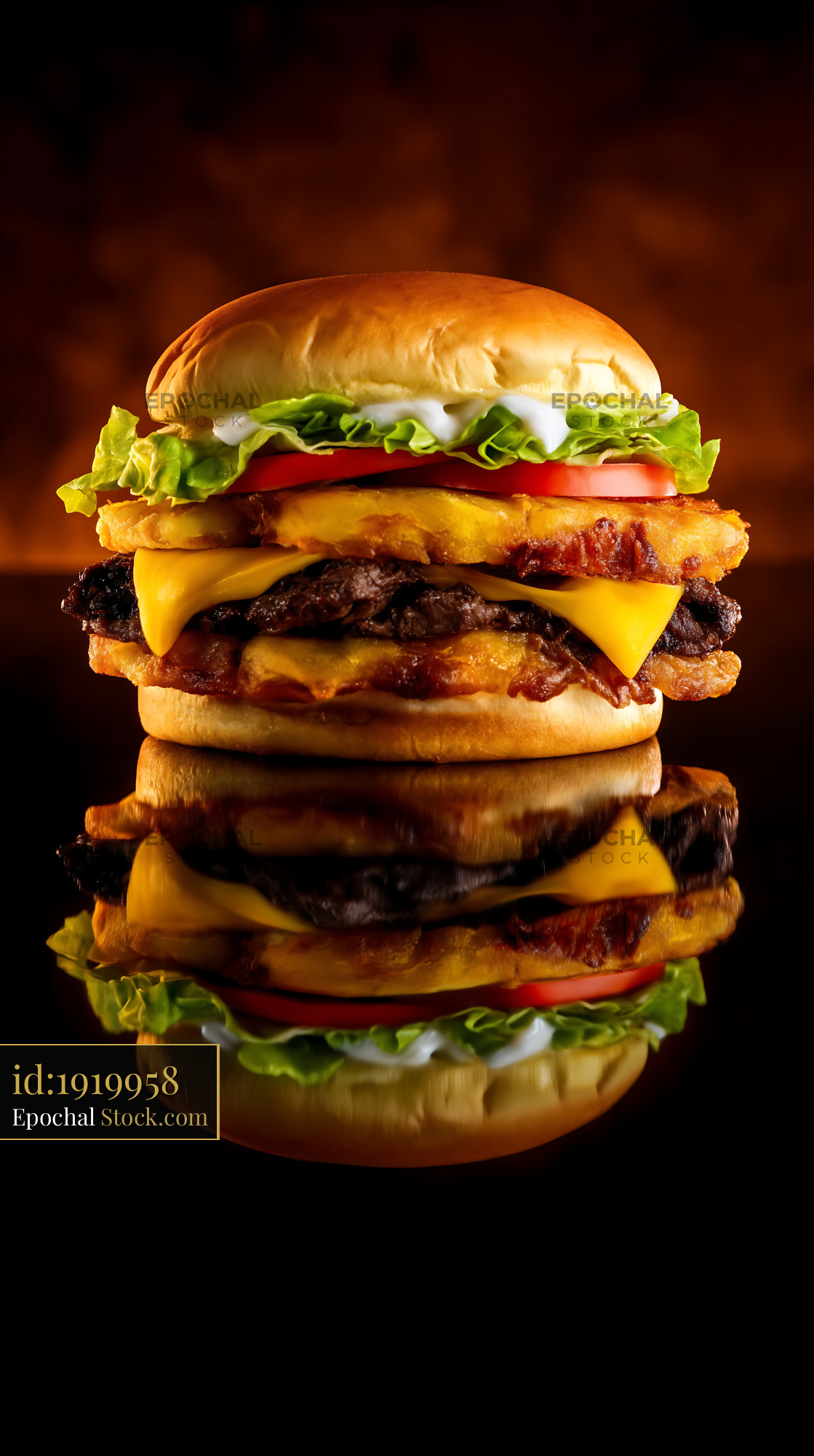 Gourmet Stacked Burger with Fried Chicken & Bacon - stock photo