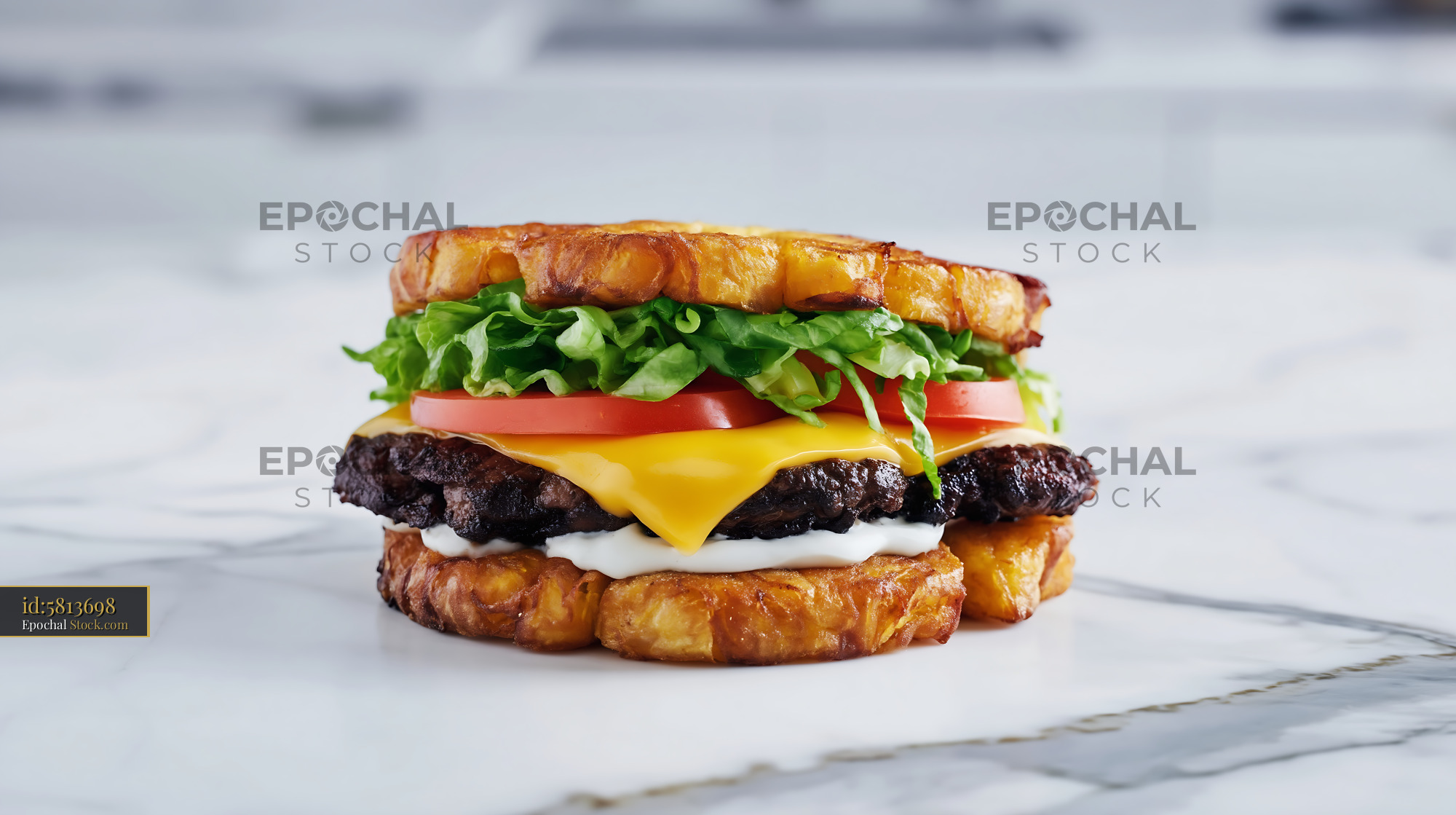 Premium Burger with Melted Cheese on Croissant - stock photo