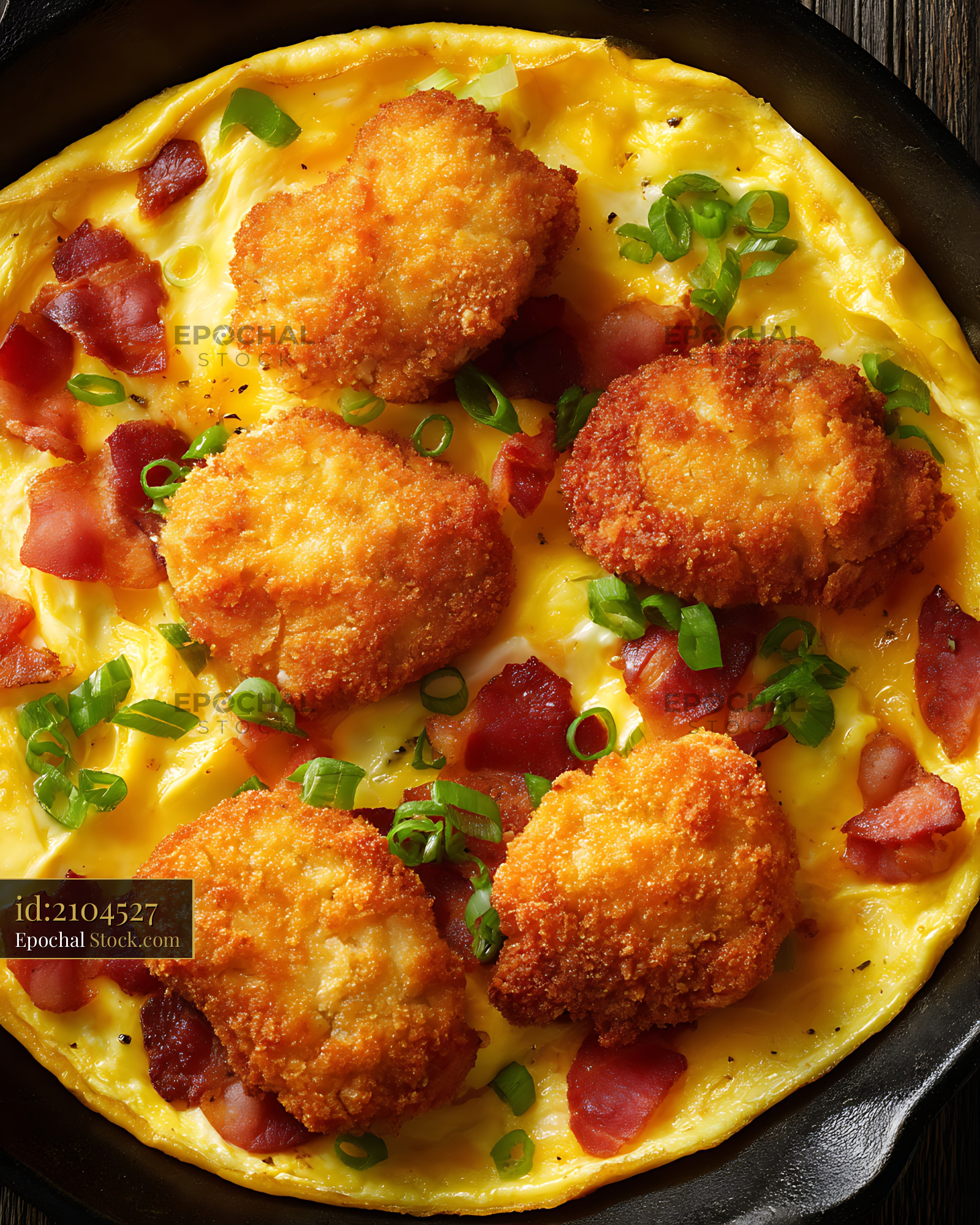 Crispy Croquettes on Bacon Omelet in Cast Iron - stock photo