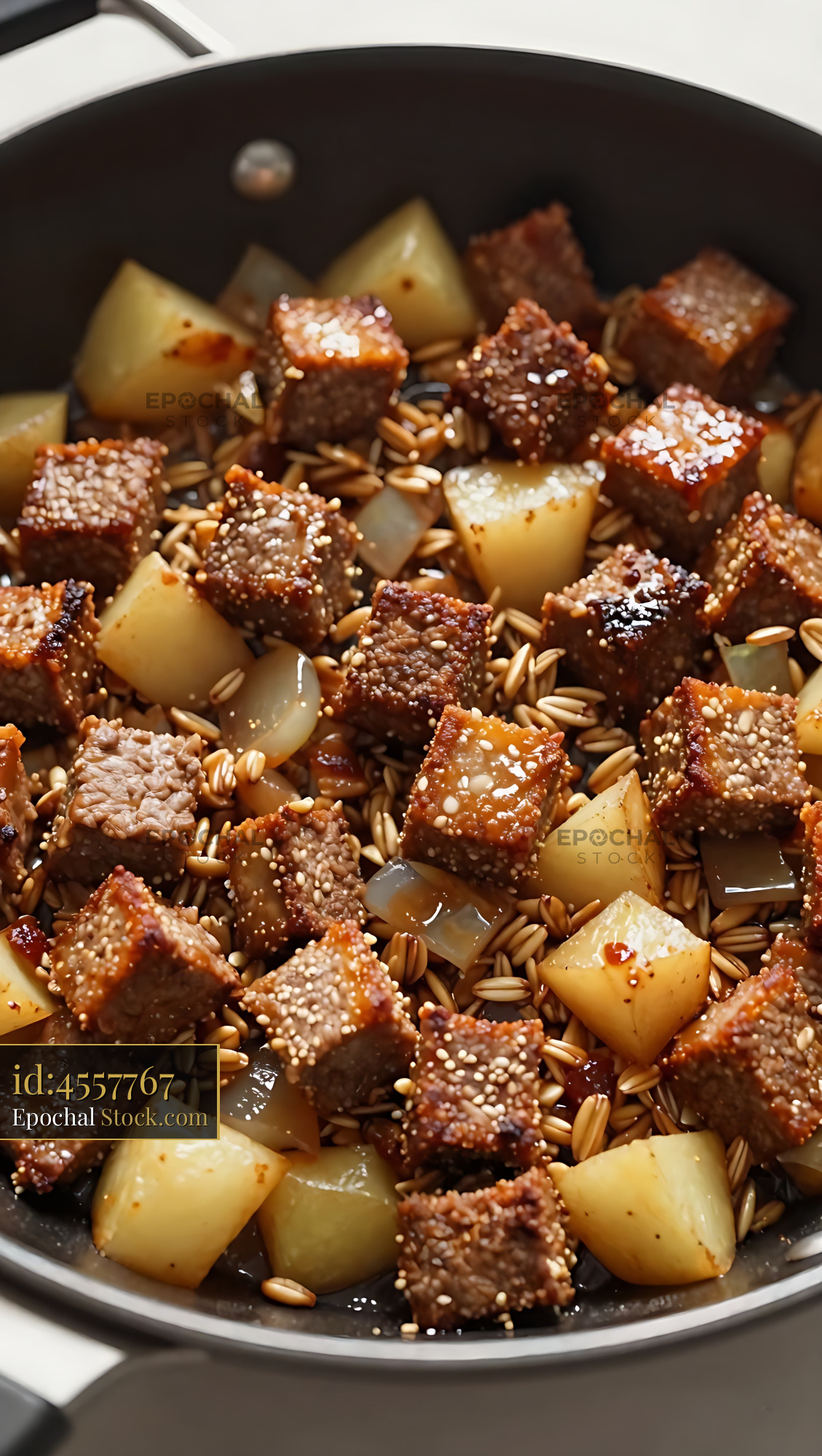 Beef Stew with Sesame Seeds in Pan - stock photo