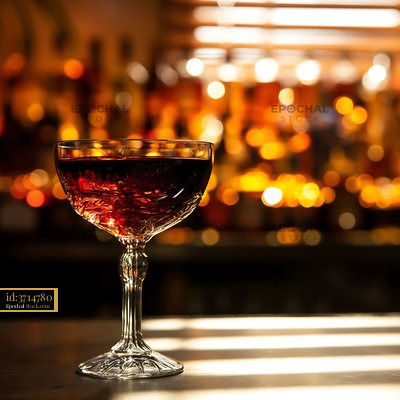 Red Cocktail in Coupe Glass with Warm Bar Bokeh - stock photo