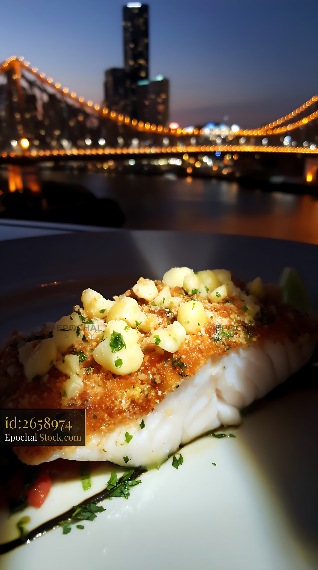 Panko Fish Dinner with Manhattan Bridge Views - stock photo