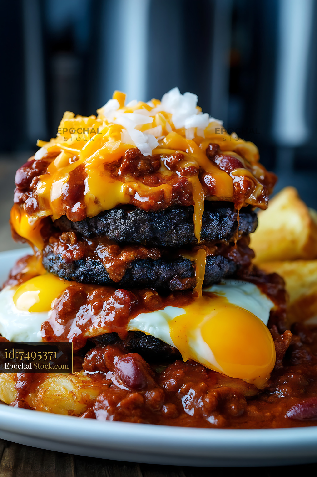St. Louis Slinger: Chili Burger with Eggs & Fries - stock photo