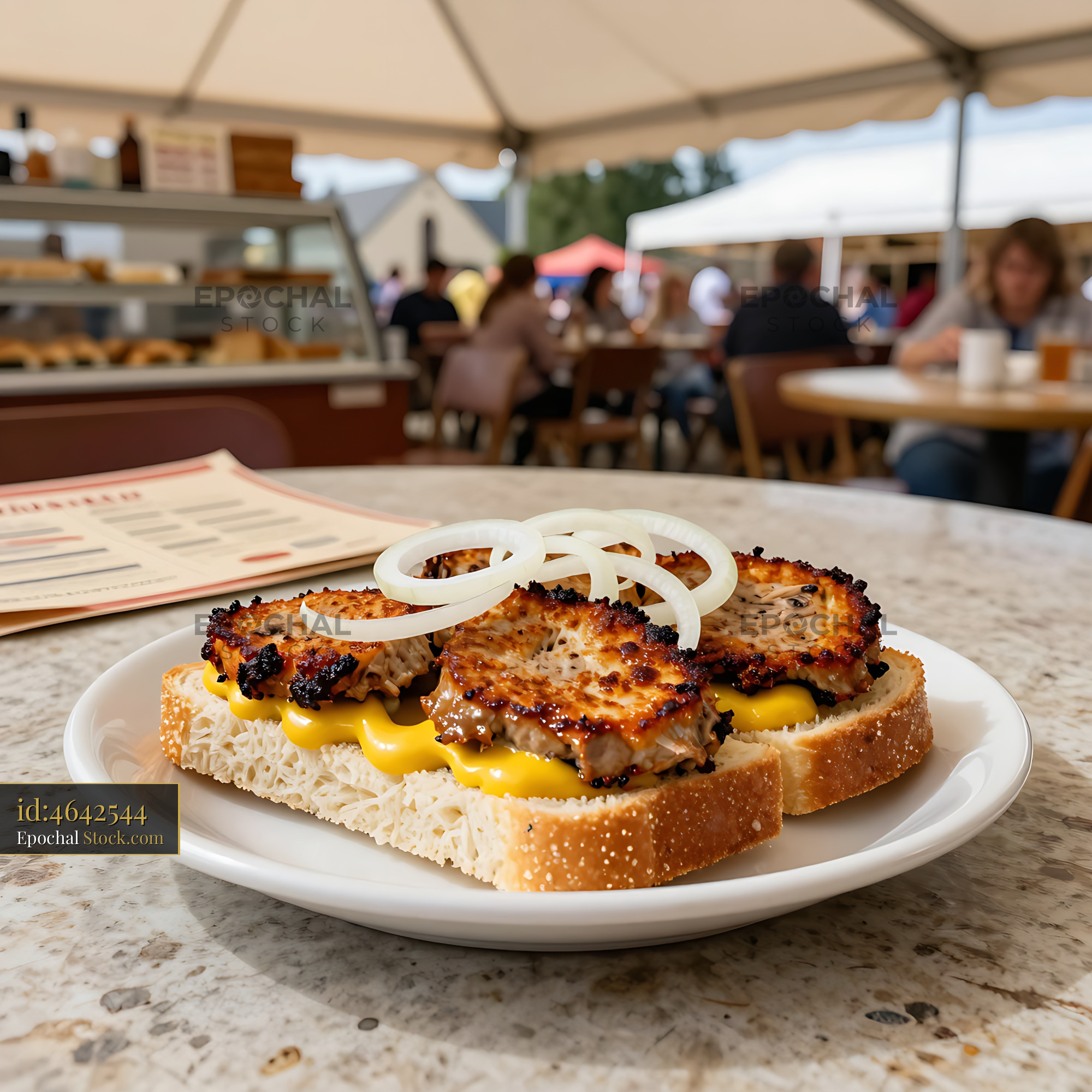 Livermush Sandwich with Cheese and Onions at Outdoor Market - stock photo