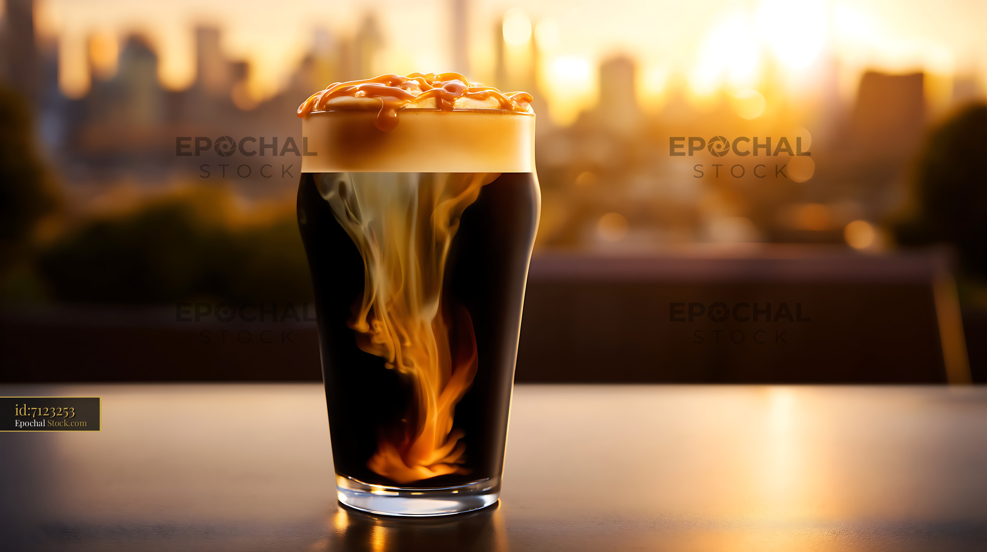 Nitro Caramel Coffee Glass Urban Sunset Skyline - stock photo