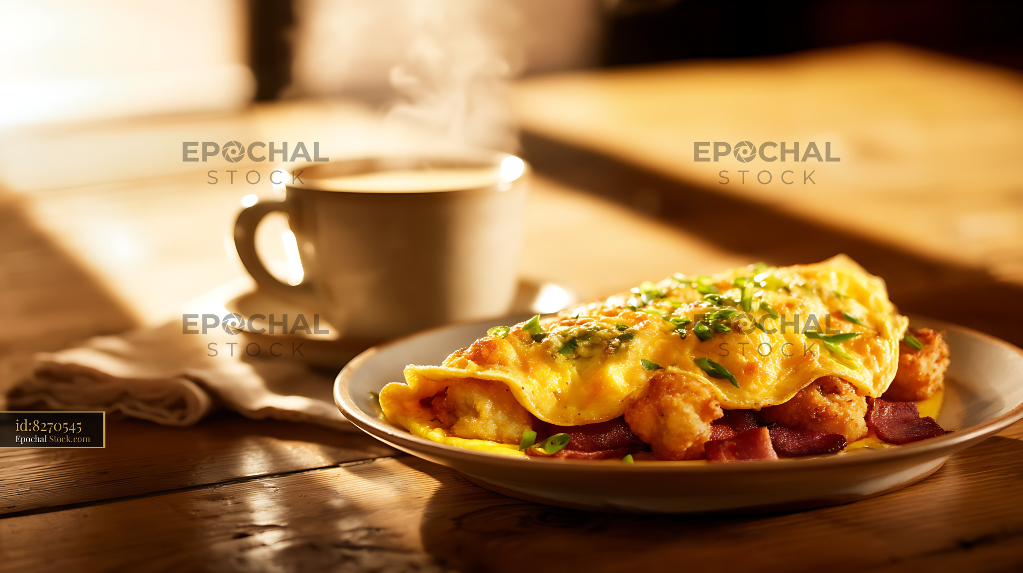 Gourmet Breakfast Omelet with Bacon and Coffee - stock photo