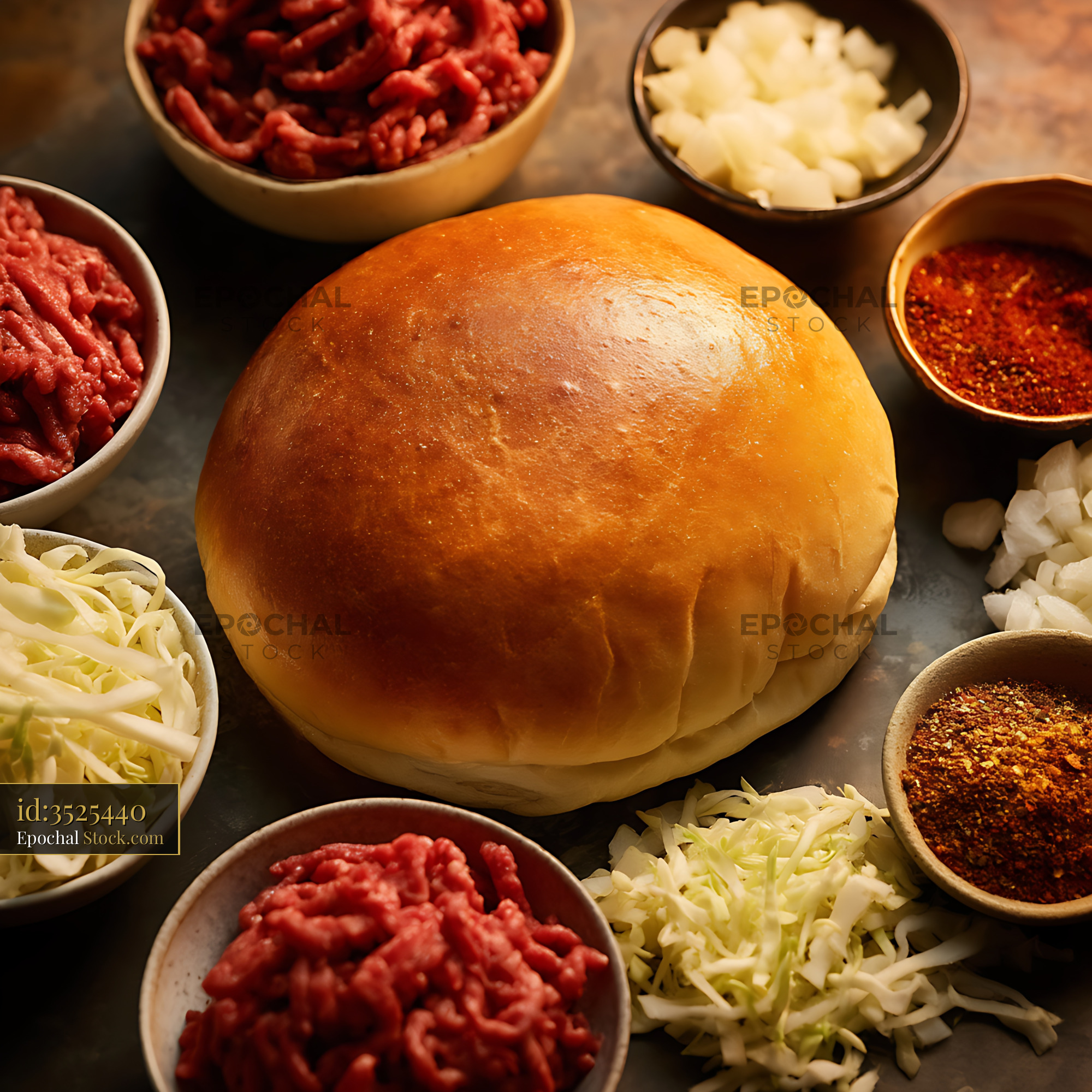 Hamburger Ingredients Arranged Around Fresh Bun - stock photo