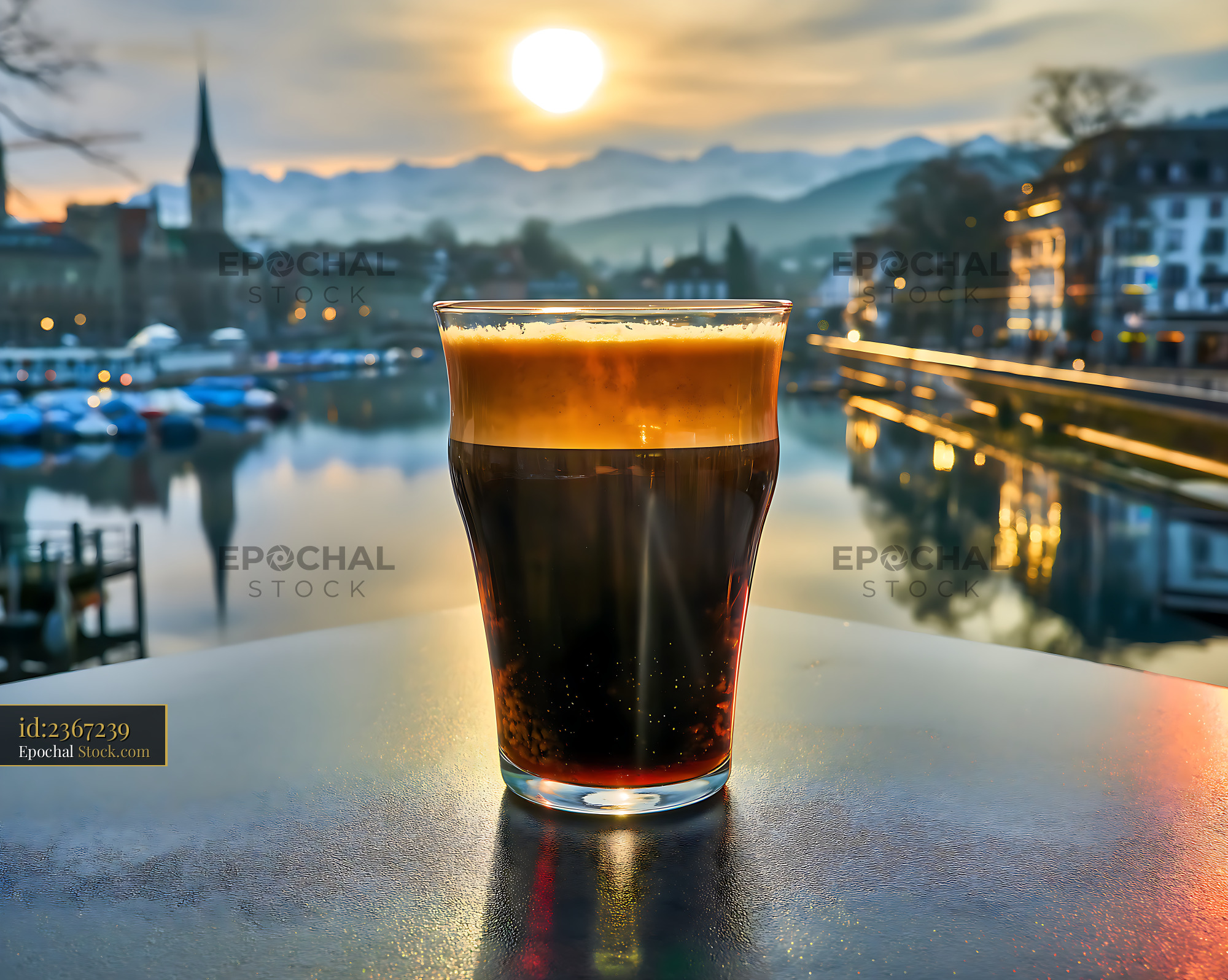 Refreshing Cola Glass Mountain Sunset View - stock photo