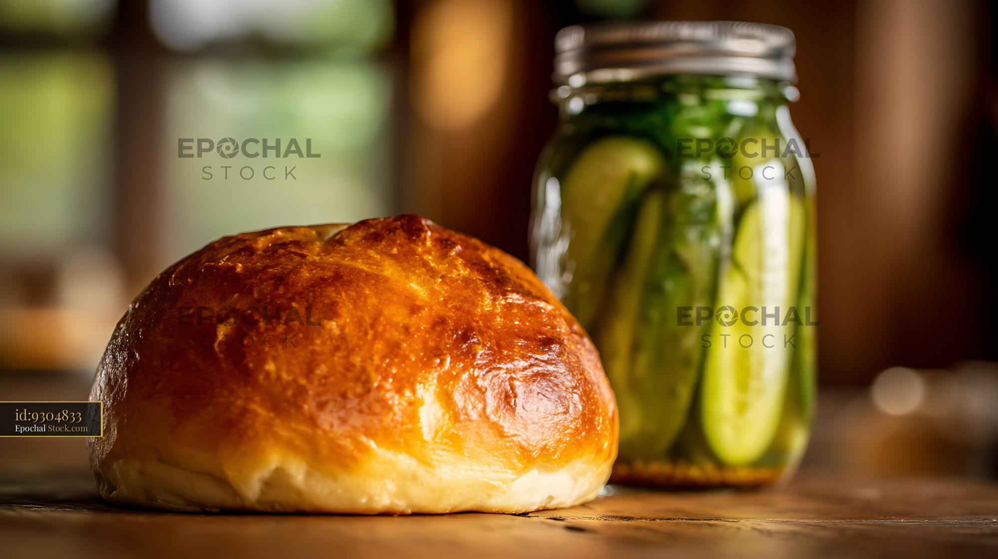 Golden Bread Roll and Jar of Pickled Cucumbers - stock photo