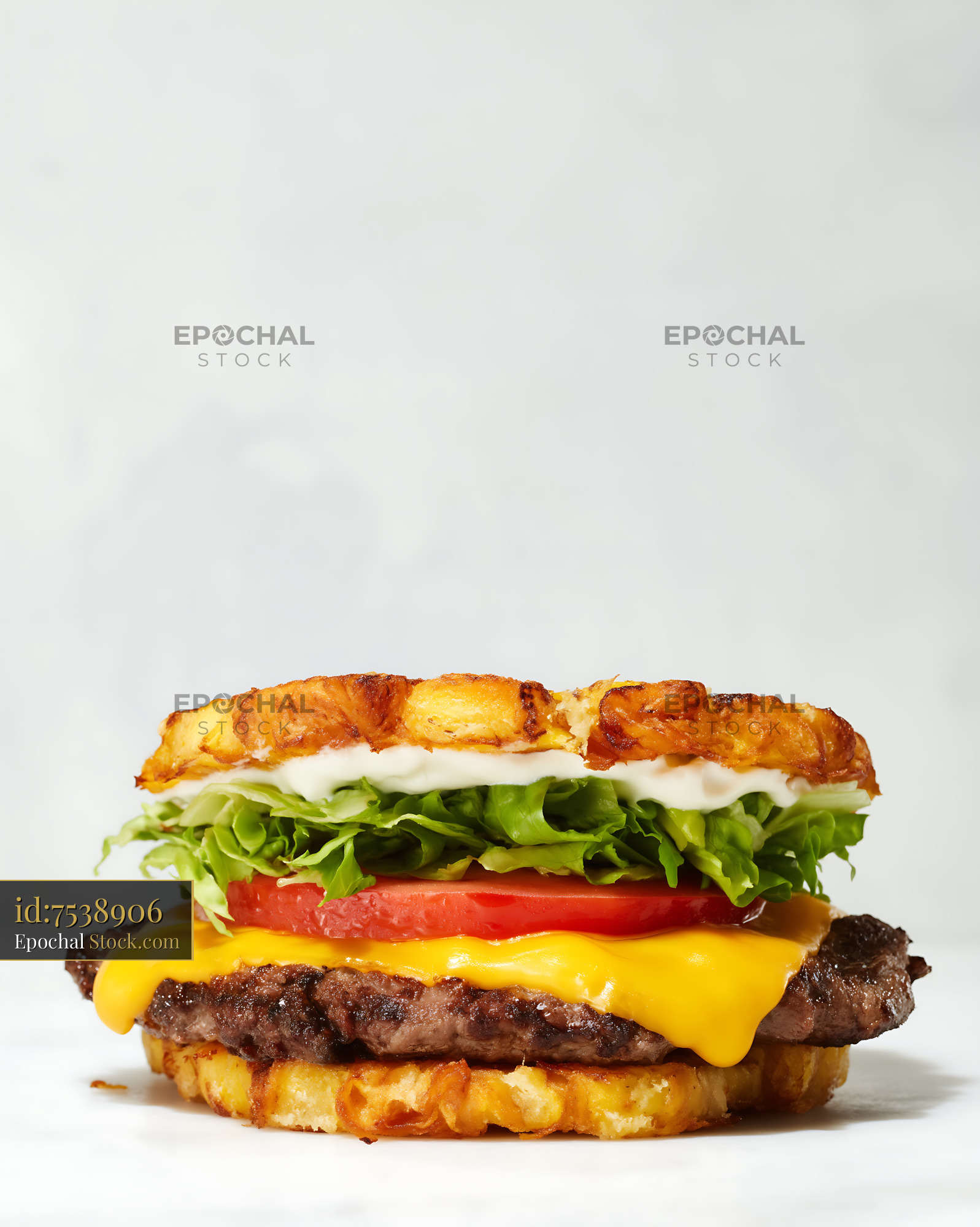 Crispy Hash Brown Cheeseburger on White Background - stock photo