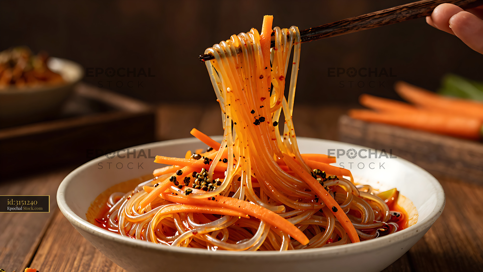 Sichuan Glass Noodle Salad Lifted on Chopsticks - stock photo