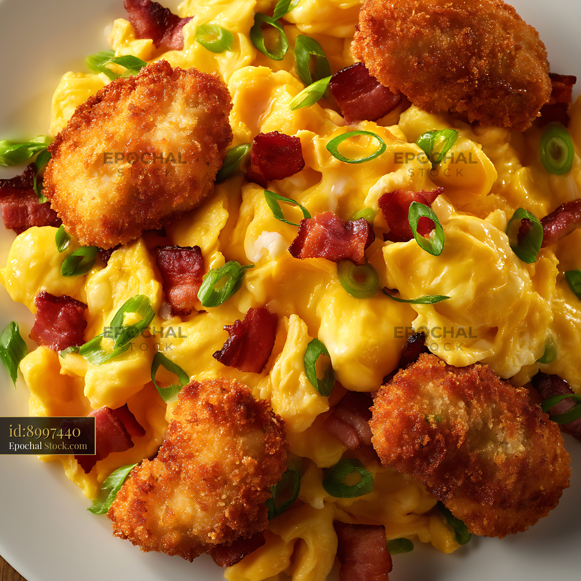 Crispy Shrimp Cakes with Fluffy Eggs and Bacon - stock photo