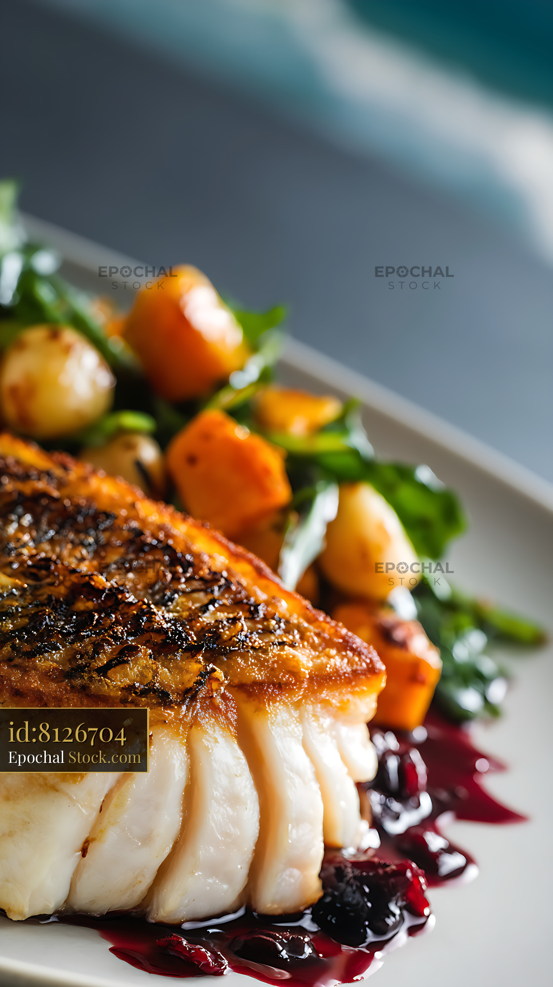 Seared Murray Cod Fillet with Roasted Vegetables - stock photo