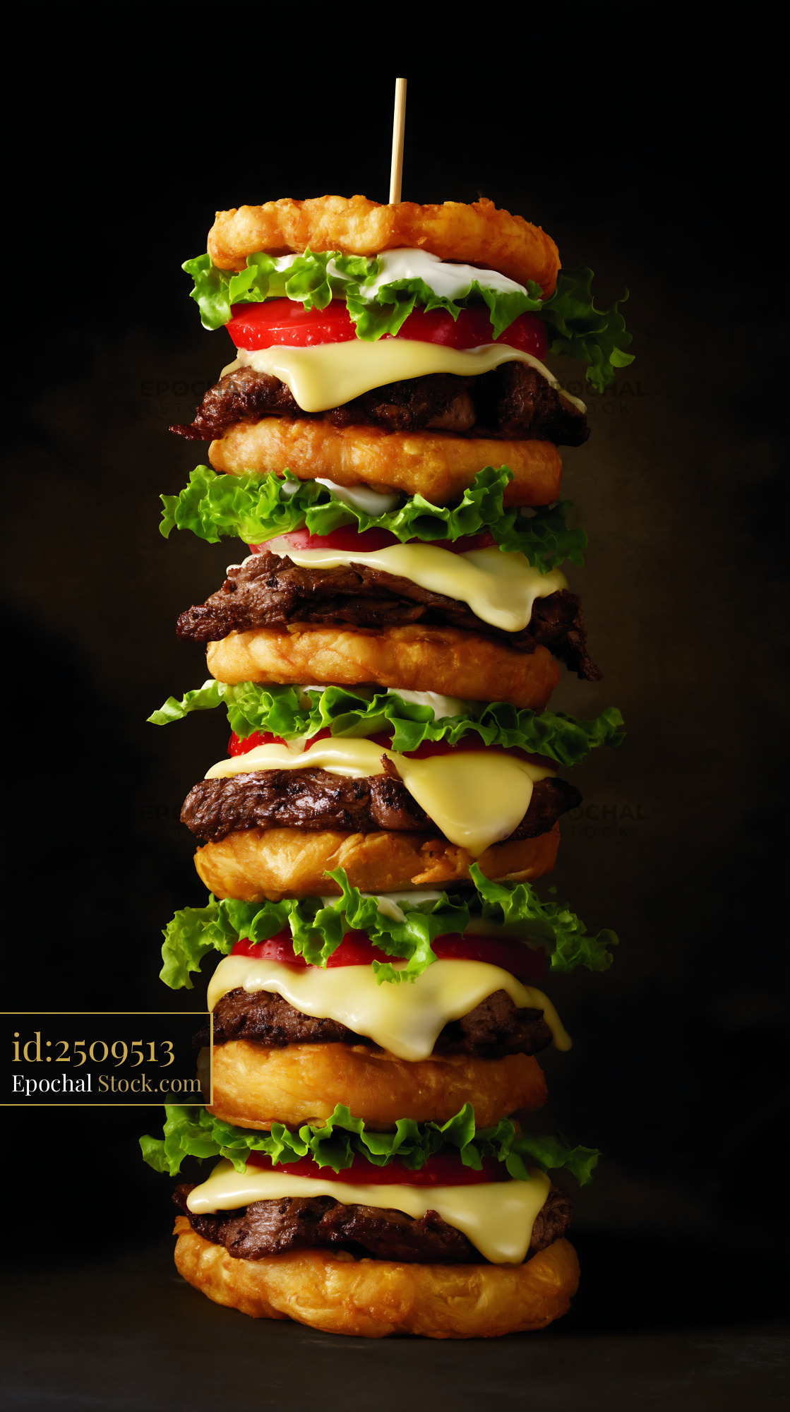 Towering Gourmet Cheeseburger Stack on Dark - stock photo