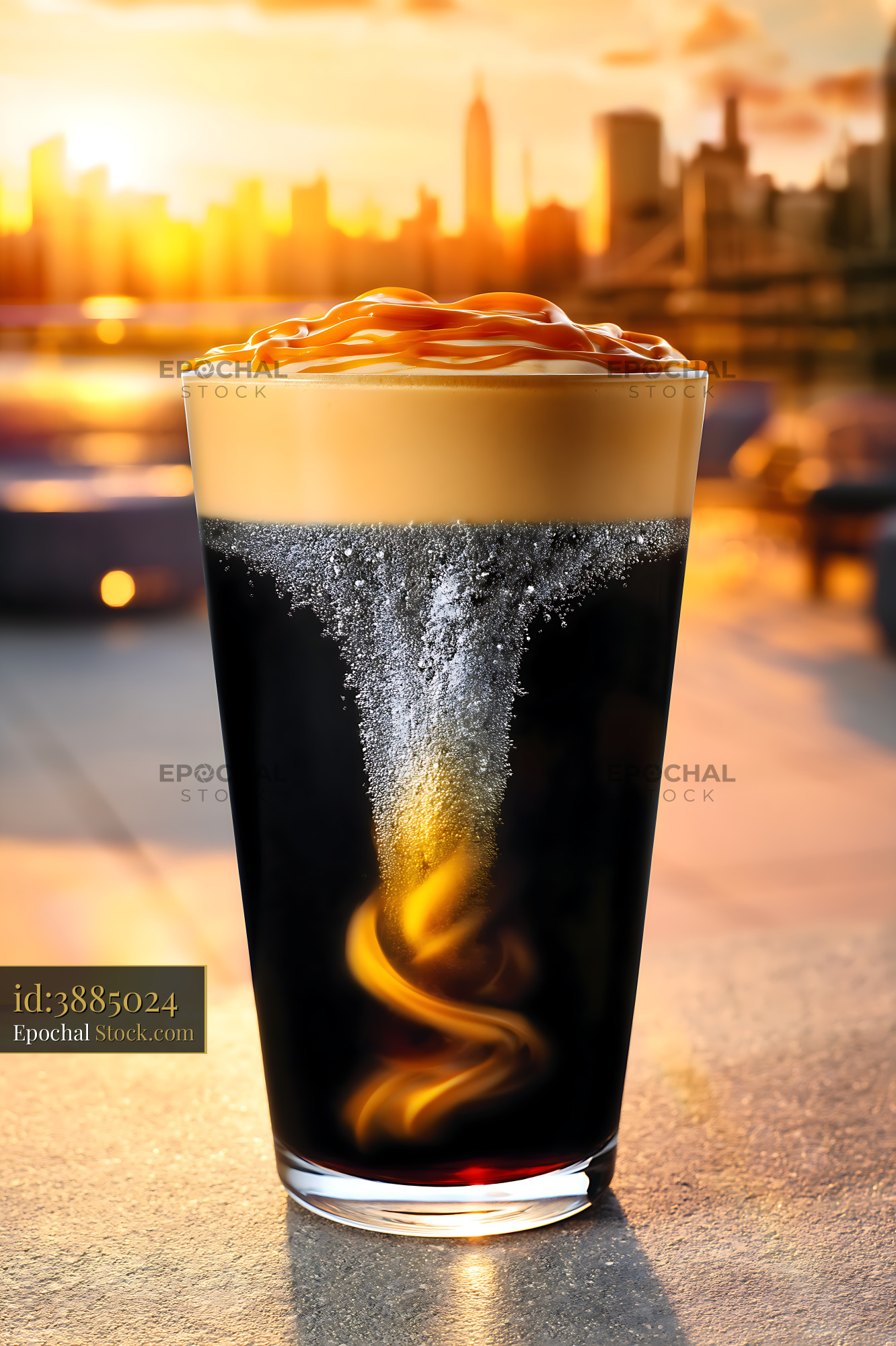 Nitro Caramel Coffee with Golden Urban Sunset - stock photo