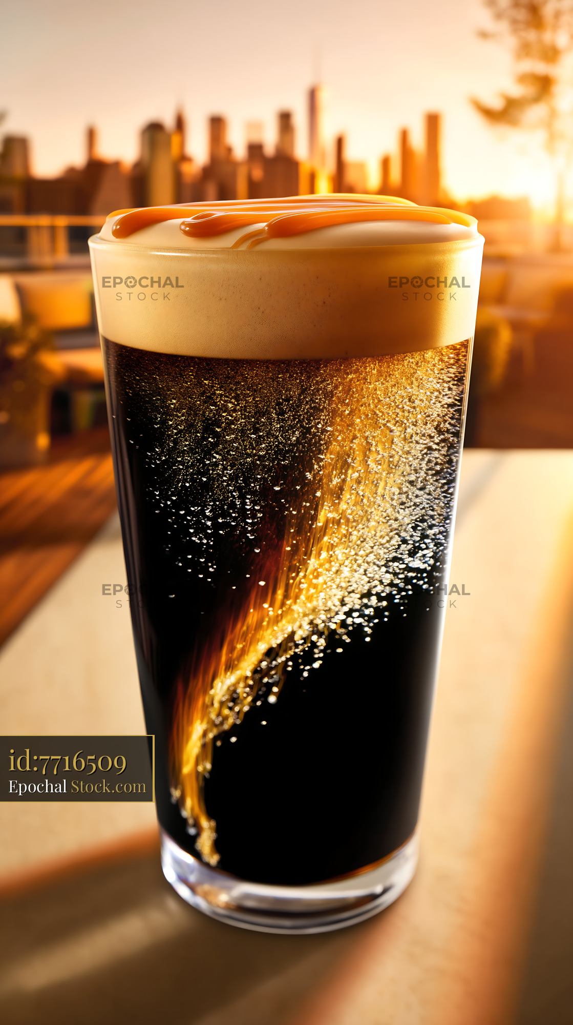 Cola with Caramel Drizzle Against Sunset Cityscape - stock photo