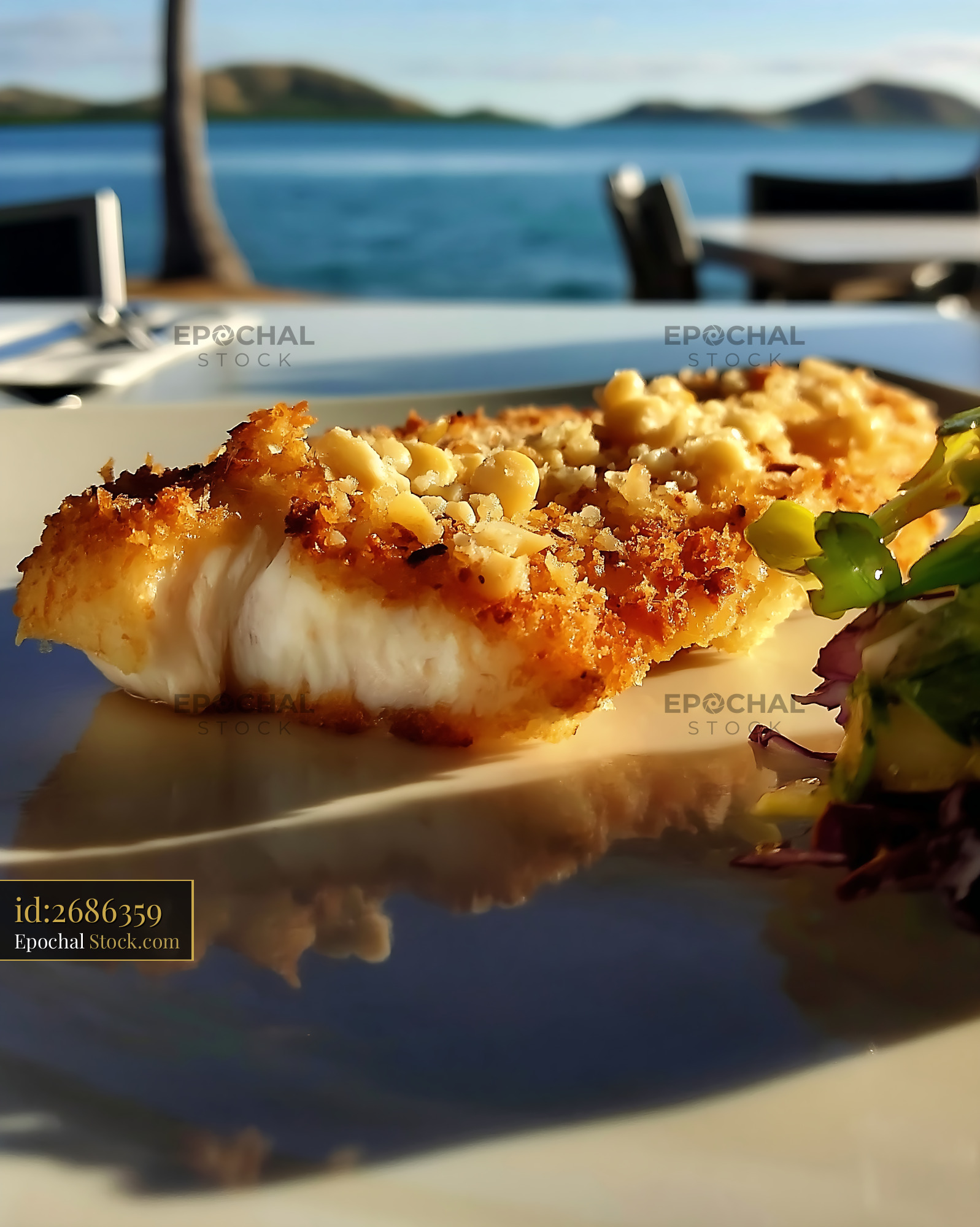 Crispy Almond-Crusted Fish at Waterfront Dining - stock photo