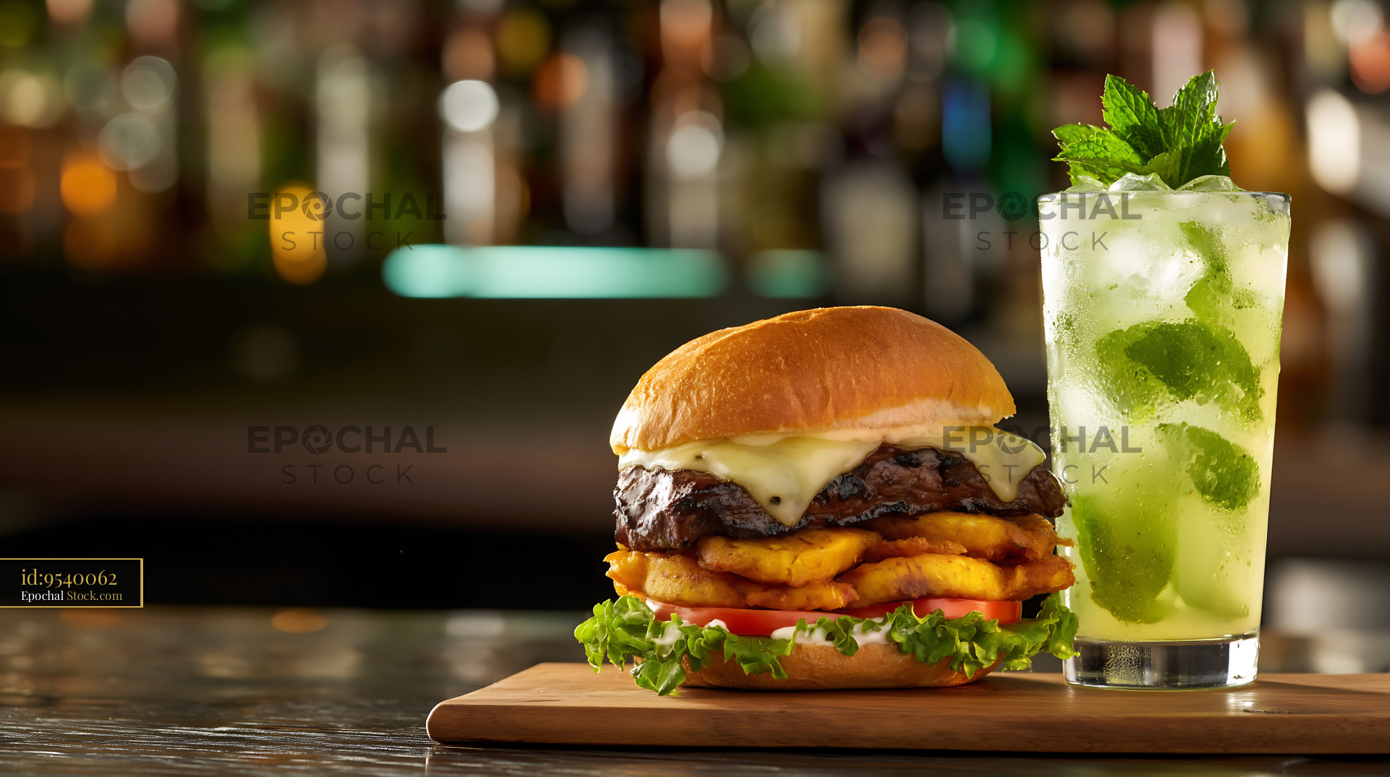 Gourmet Burger with Plantain Chips and Mojito - stock photo