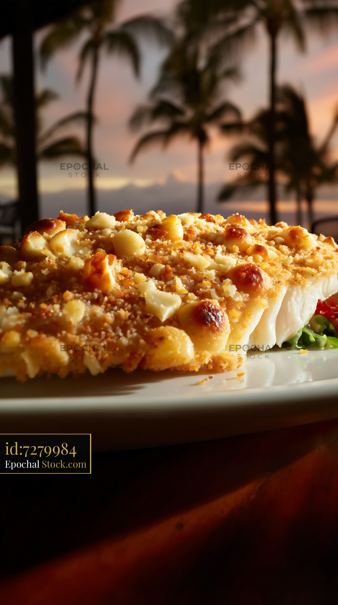 Gourmet Fish Fillet Macadamia Crust Tropical Sunset - stock photo