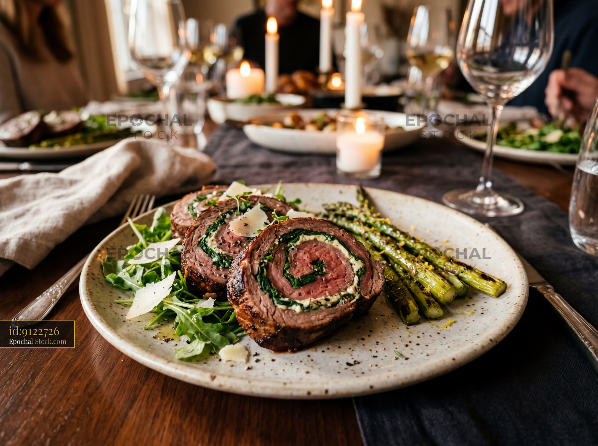 Sliced Beef Roulade at Elegant Fine Dining Table - stock photo