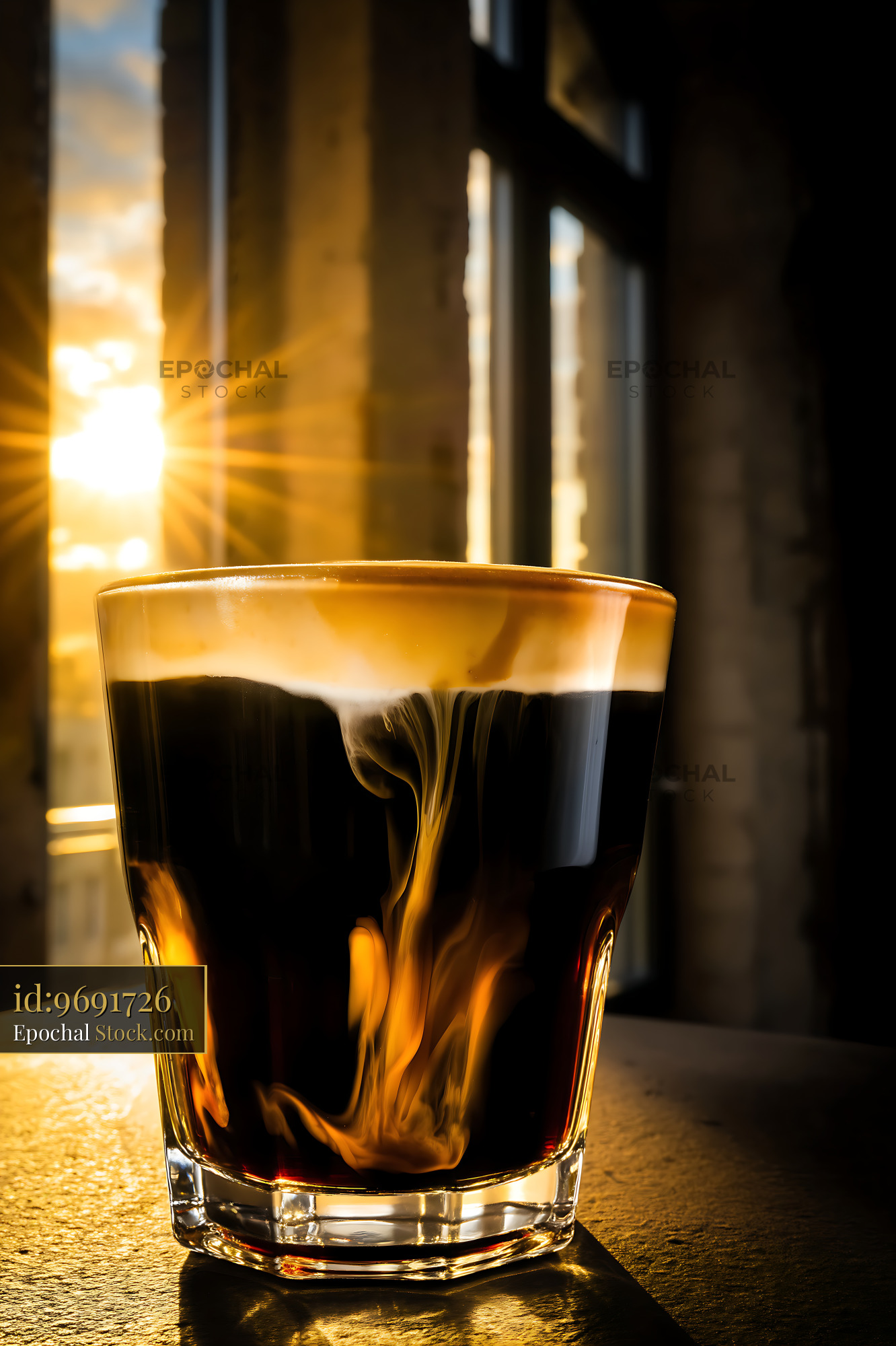 Nitro Caramel Coffee Backlit by Golden Sunlight - stock photo