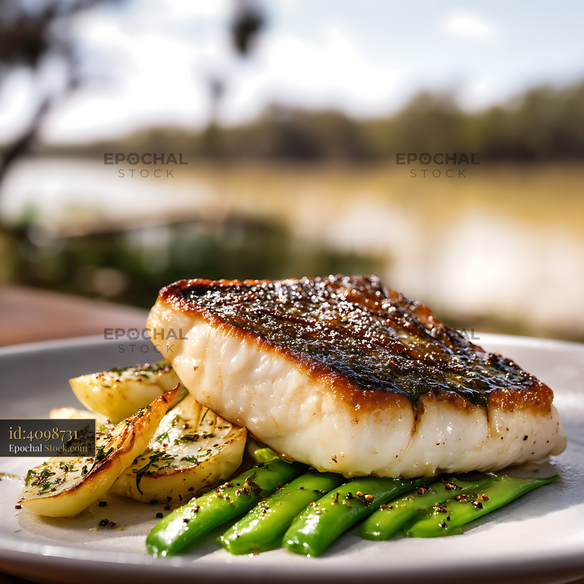 Pan-Seared Murray Cod Fillet with Asparagus - stock photo