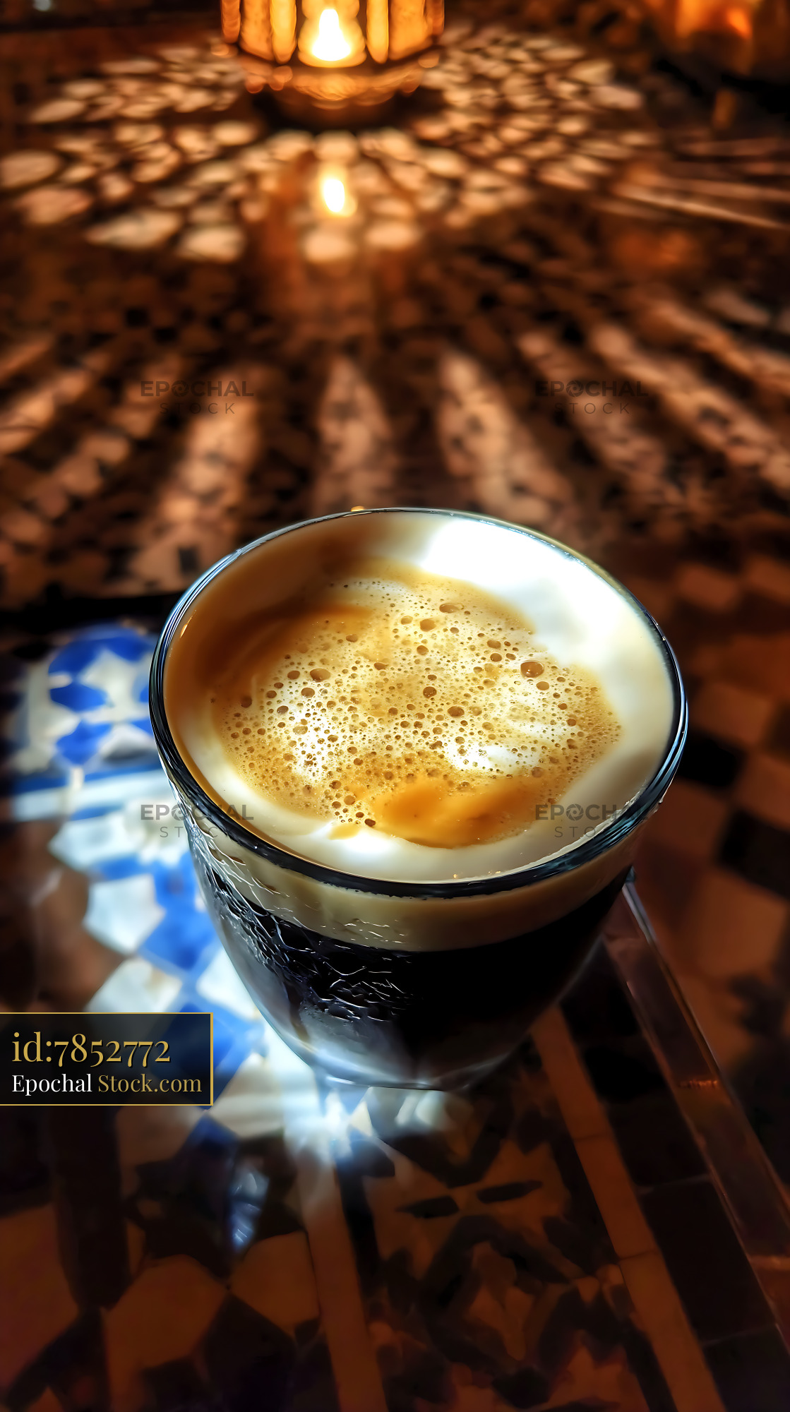 Nitro Caramel Coffee with Creamy Foam in Cozy Ambiance - stock photo