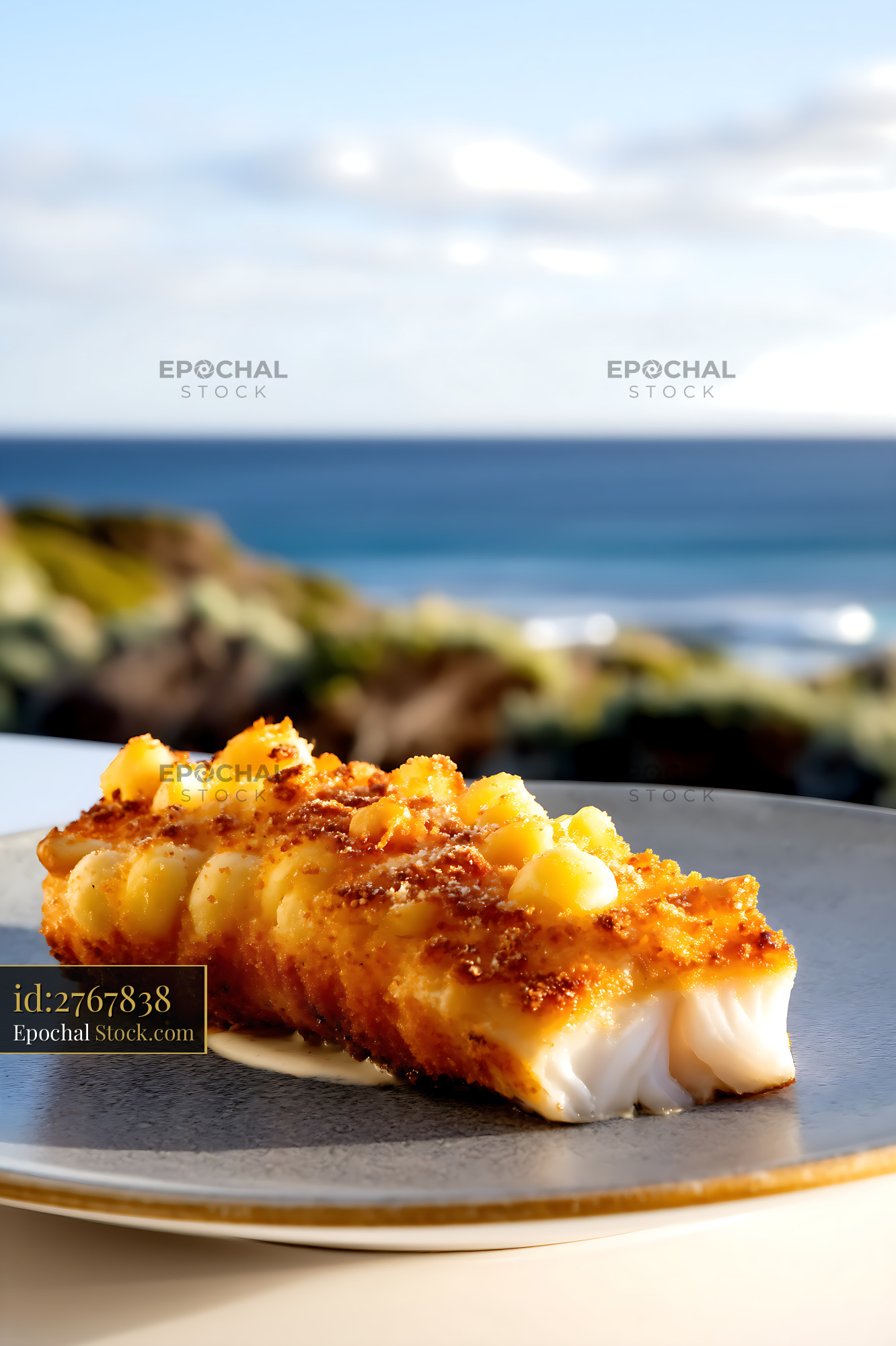 Golden Seared Fish with Crispy Topping, Sea View - stock photo