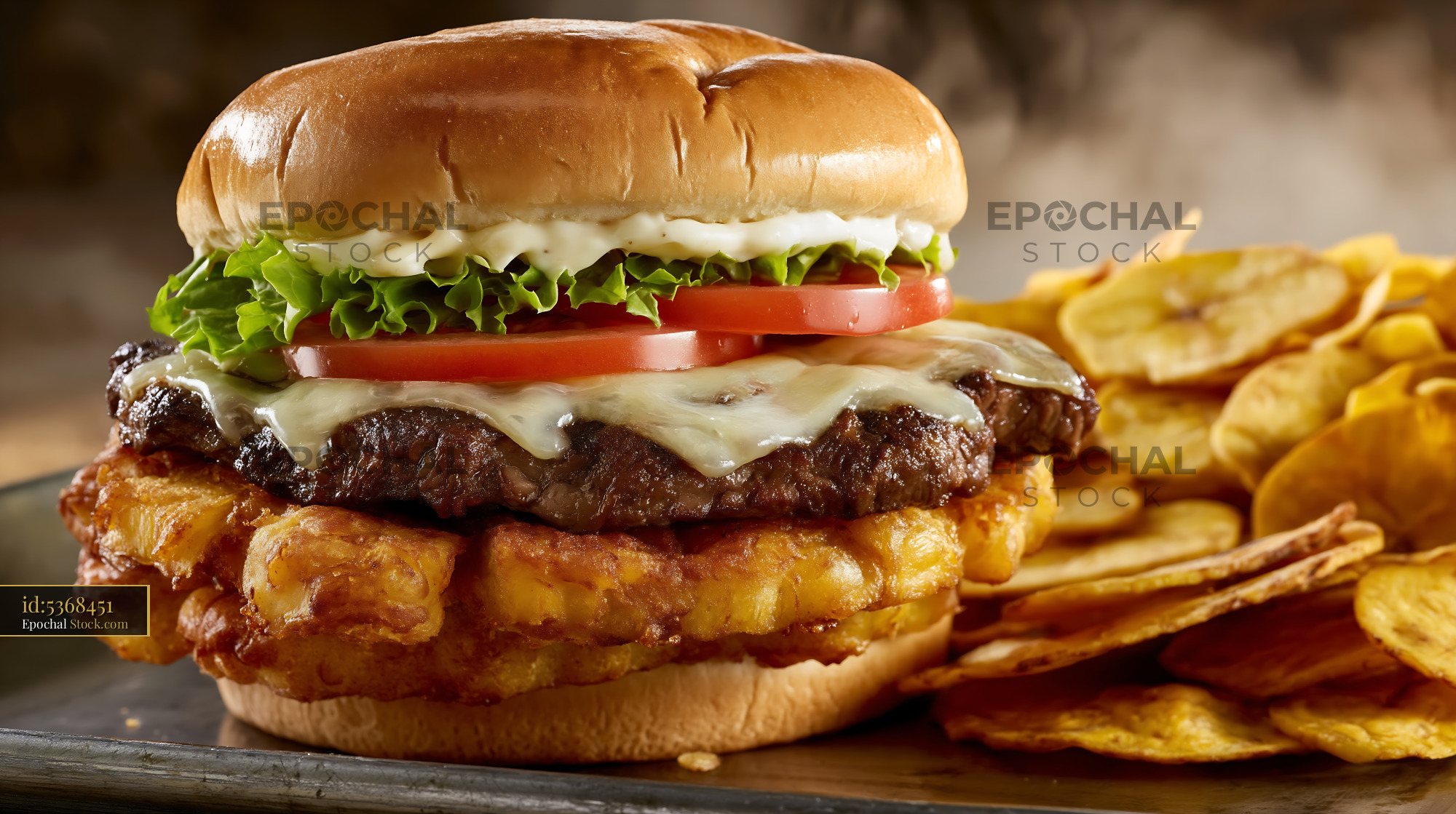 Gourmet Cheeseburger on Waffle Fries - stock photo