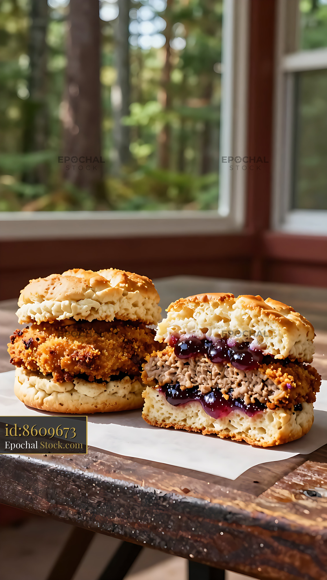 Livermush Sandwiches With Berry Jam on Biscuits - stock photo