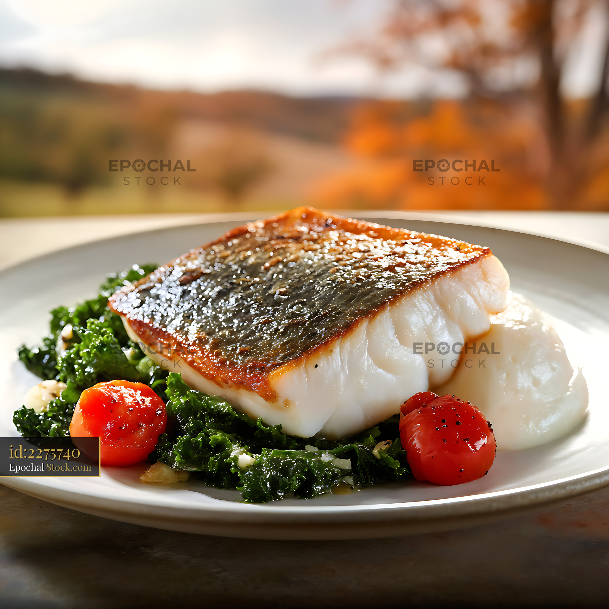 Murray Cod Fillet with Kale and Roasted Tomatoes - stock photo