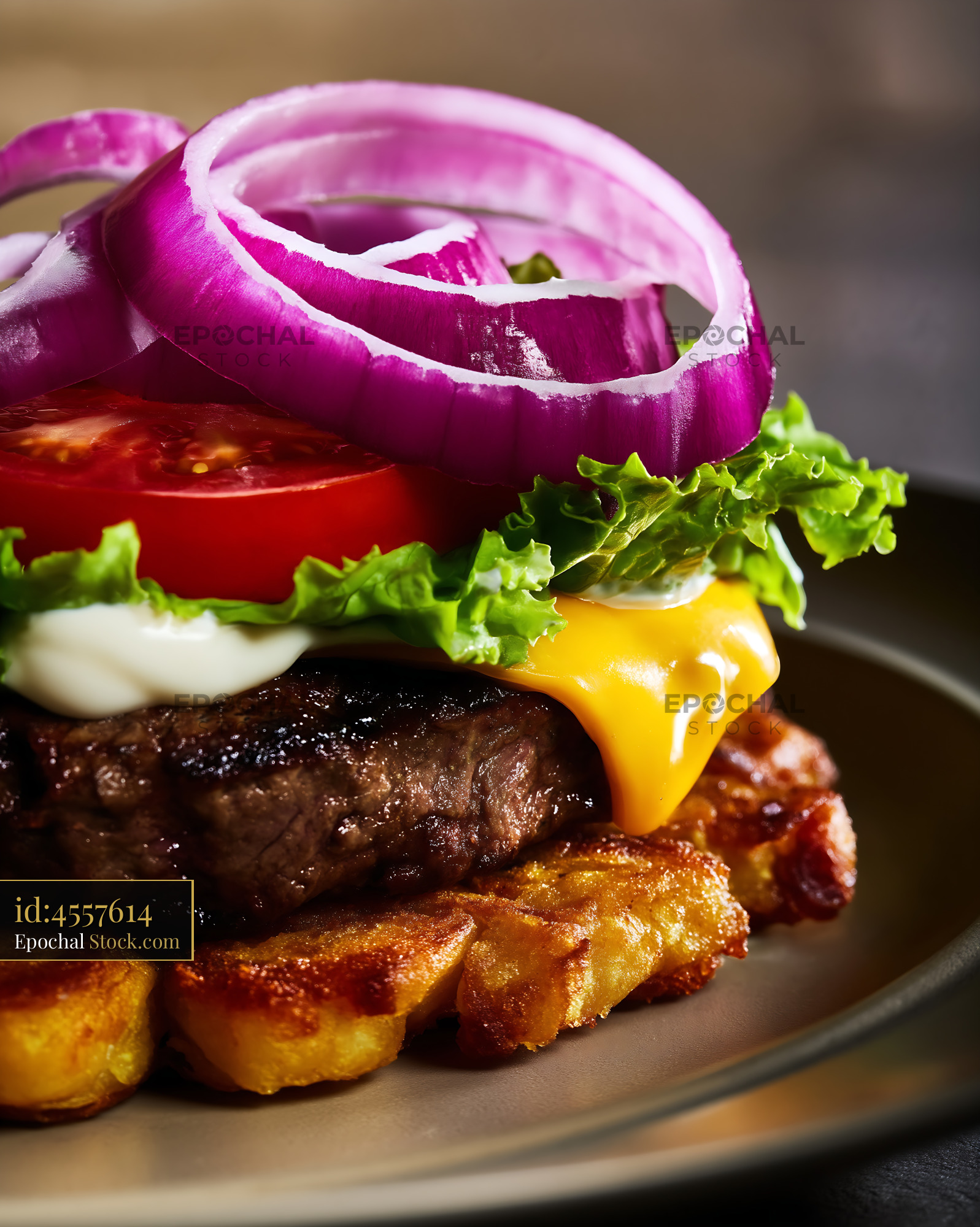 Gourmet Beef Burger with Melted Cheese and Crispy Fries - stock photo