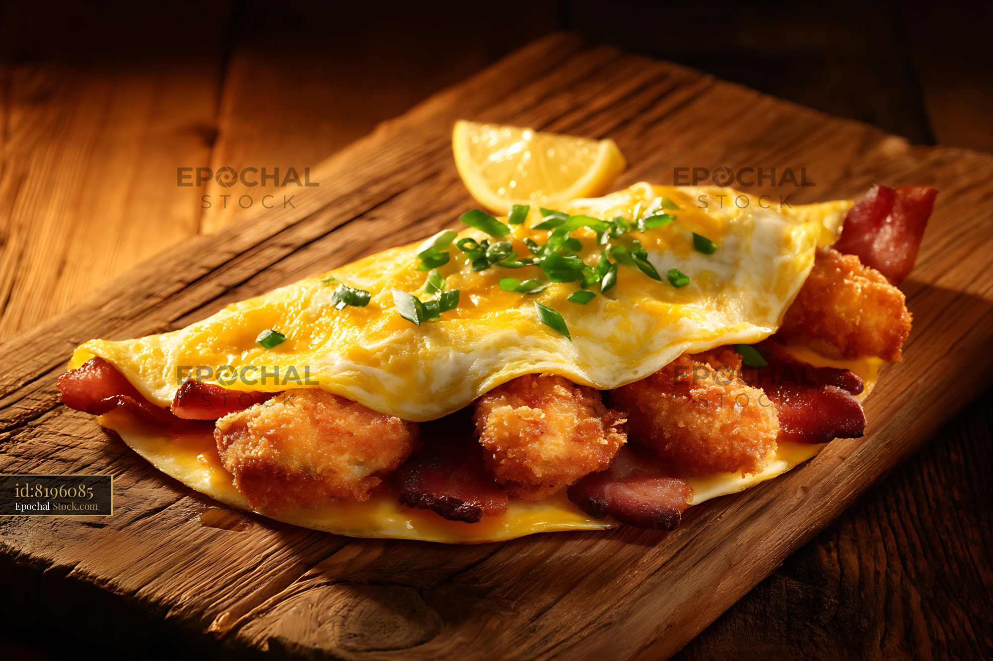 Gourmet Shrimp Omelette with Bacon and Cheese - stock photo