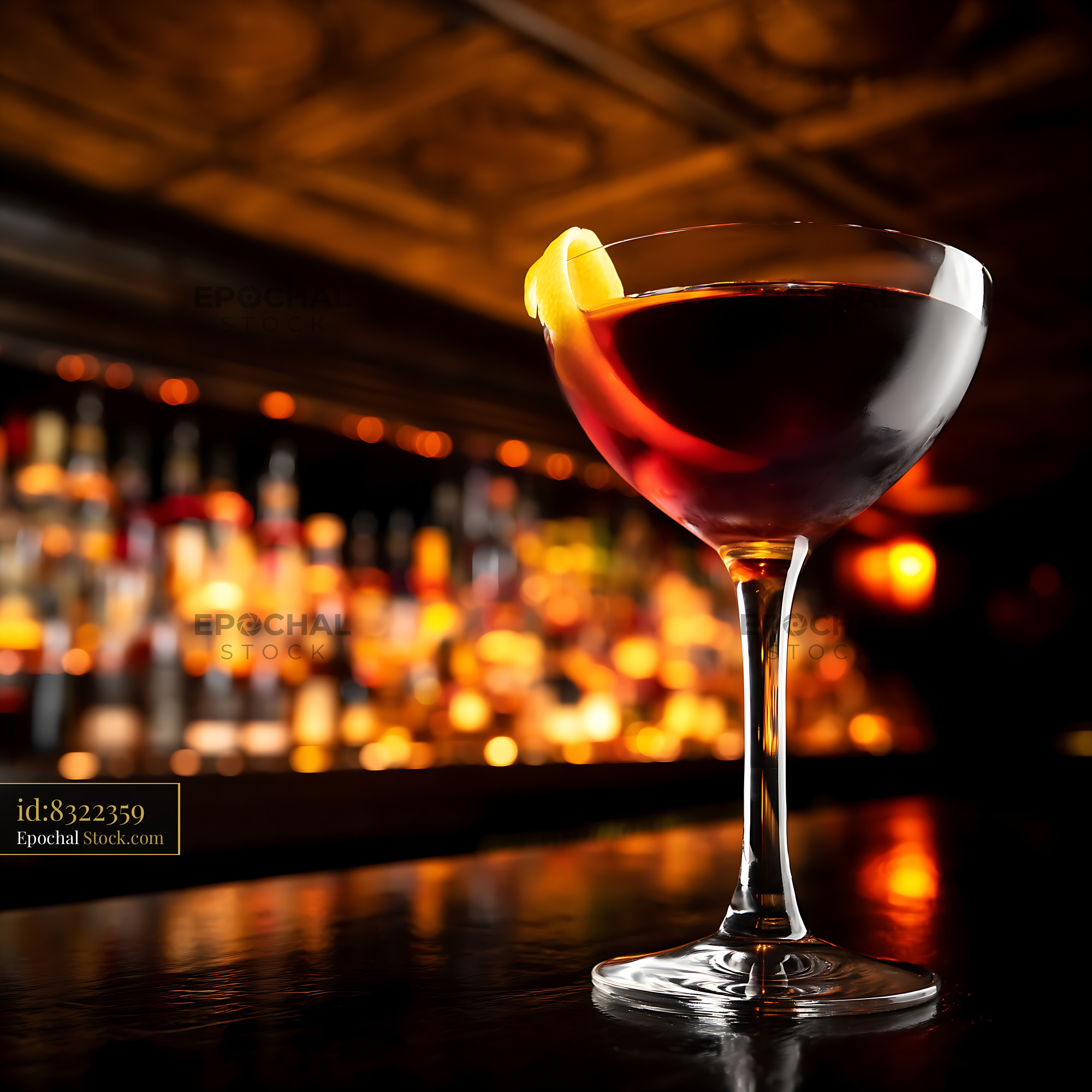 Bushwick Cocktail with Lemon Twist at Bar - stock photo