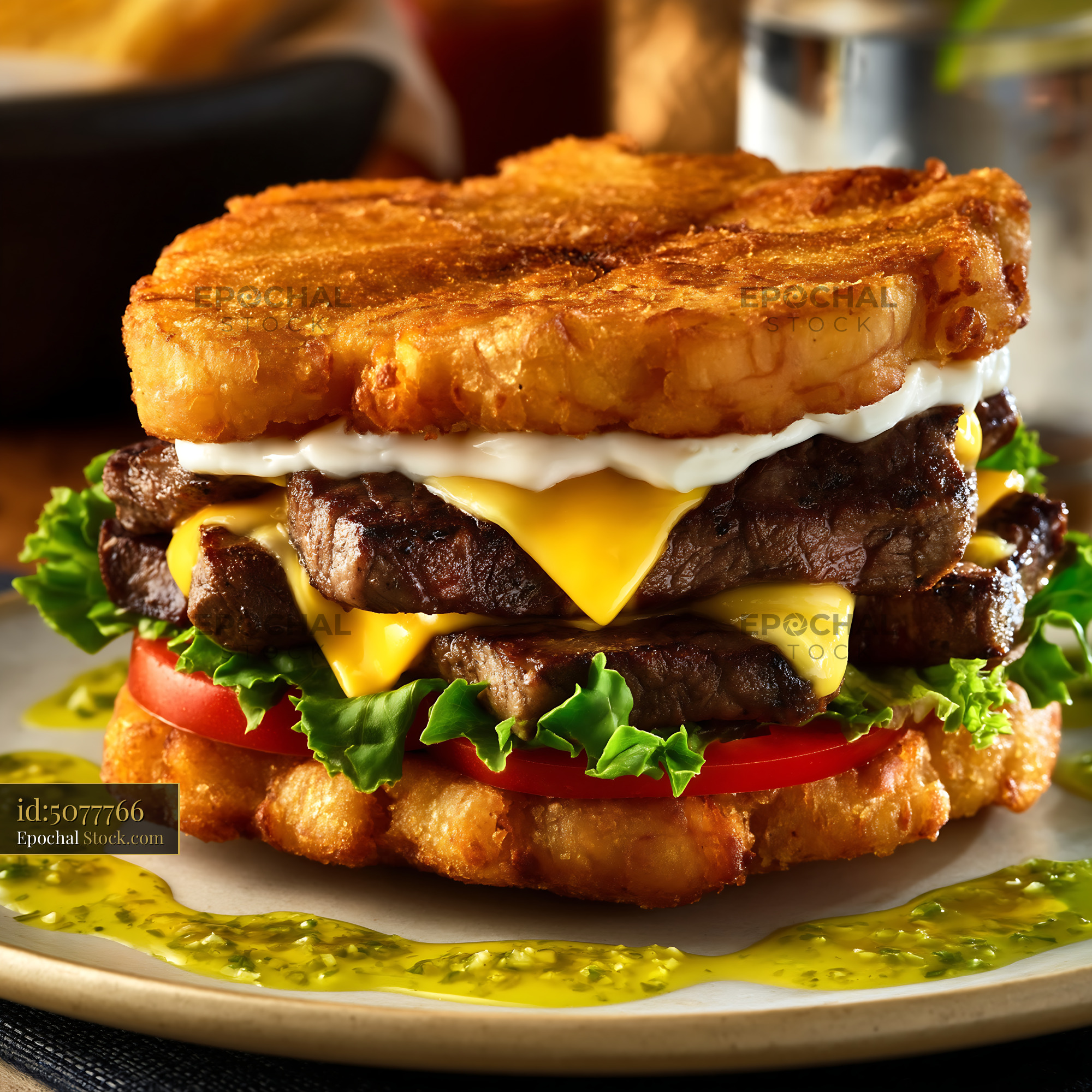 Jibarito Burger with Double Beef and Melted Cheese on Fried Plantain Buns - stock photo