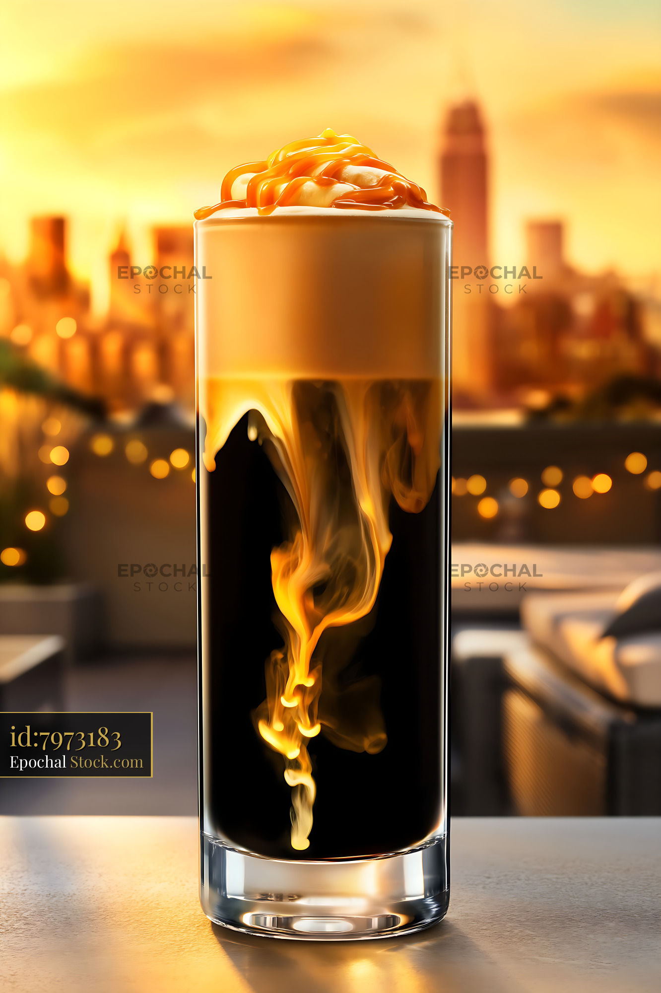 Nitro Caramel Coffee Beverage with Foam Cascade - stock photo