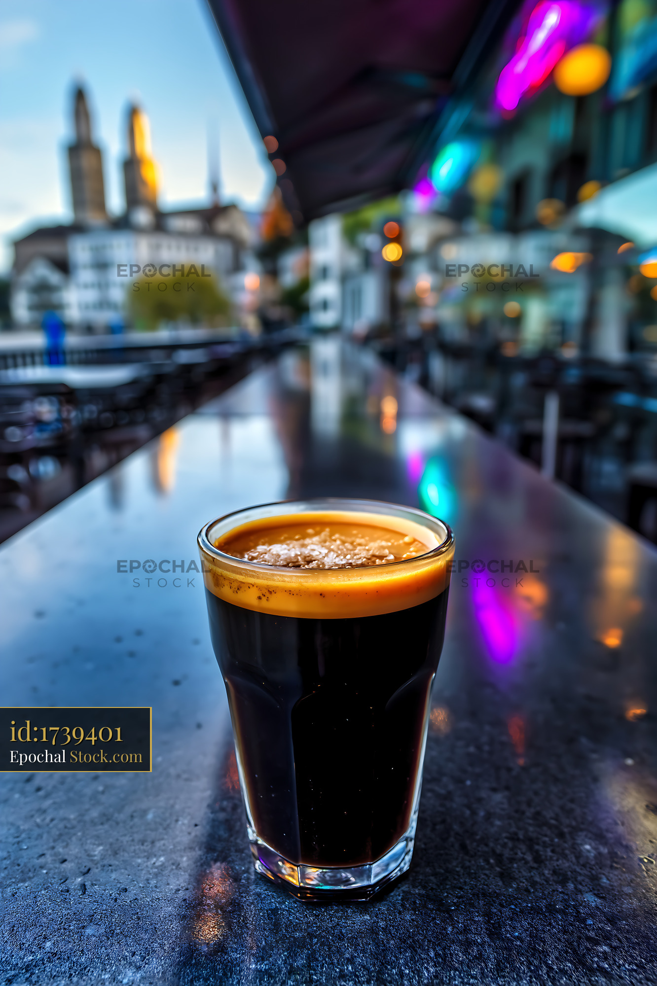 Nitro Caramel Coffee With Urban Neon Lights - stock photo