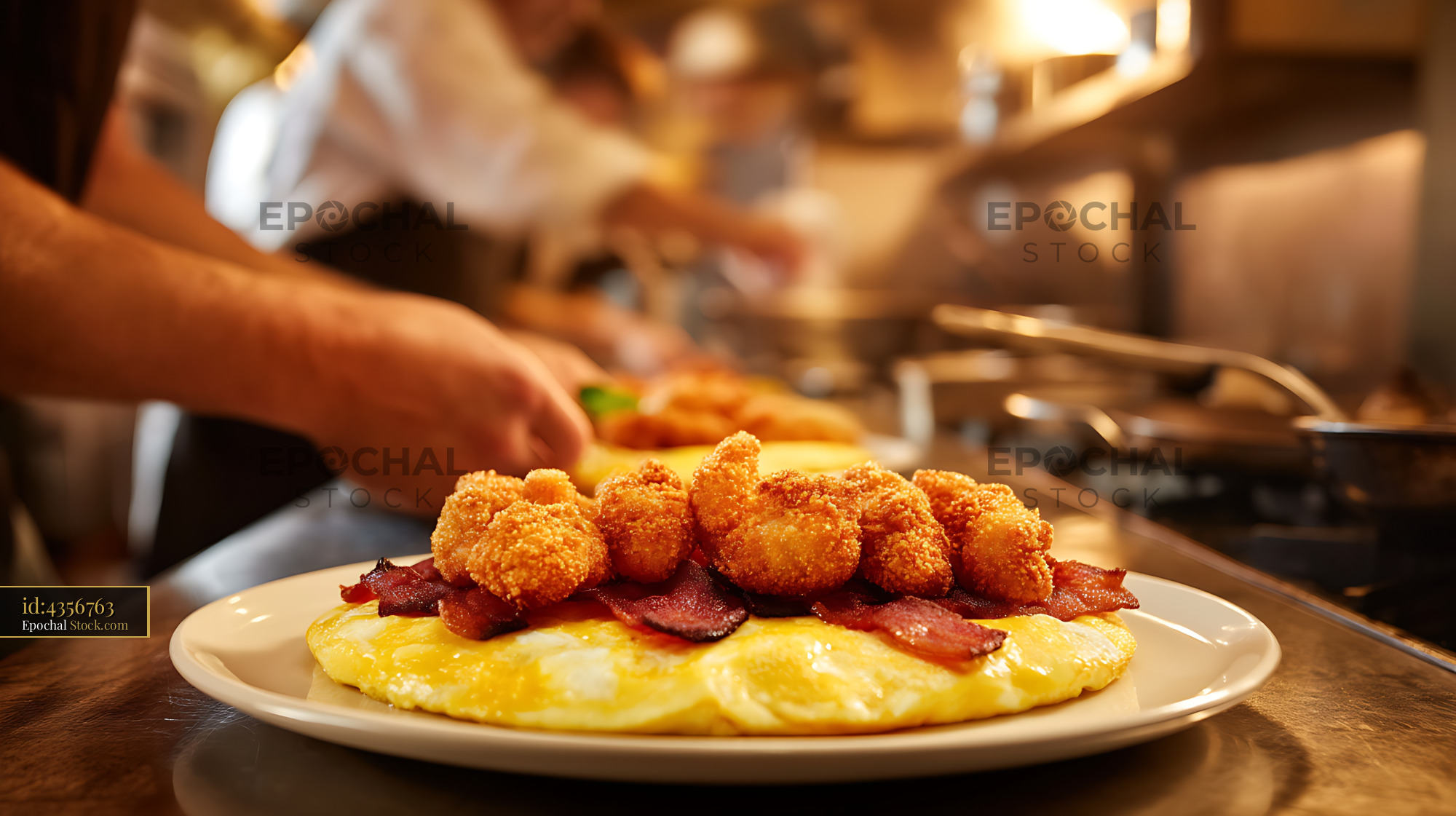 Crispy Shrimp Bacon Omelet Gourmet Plated - stock photo