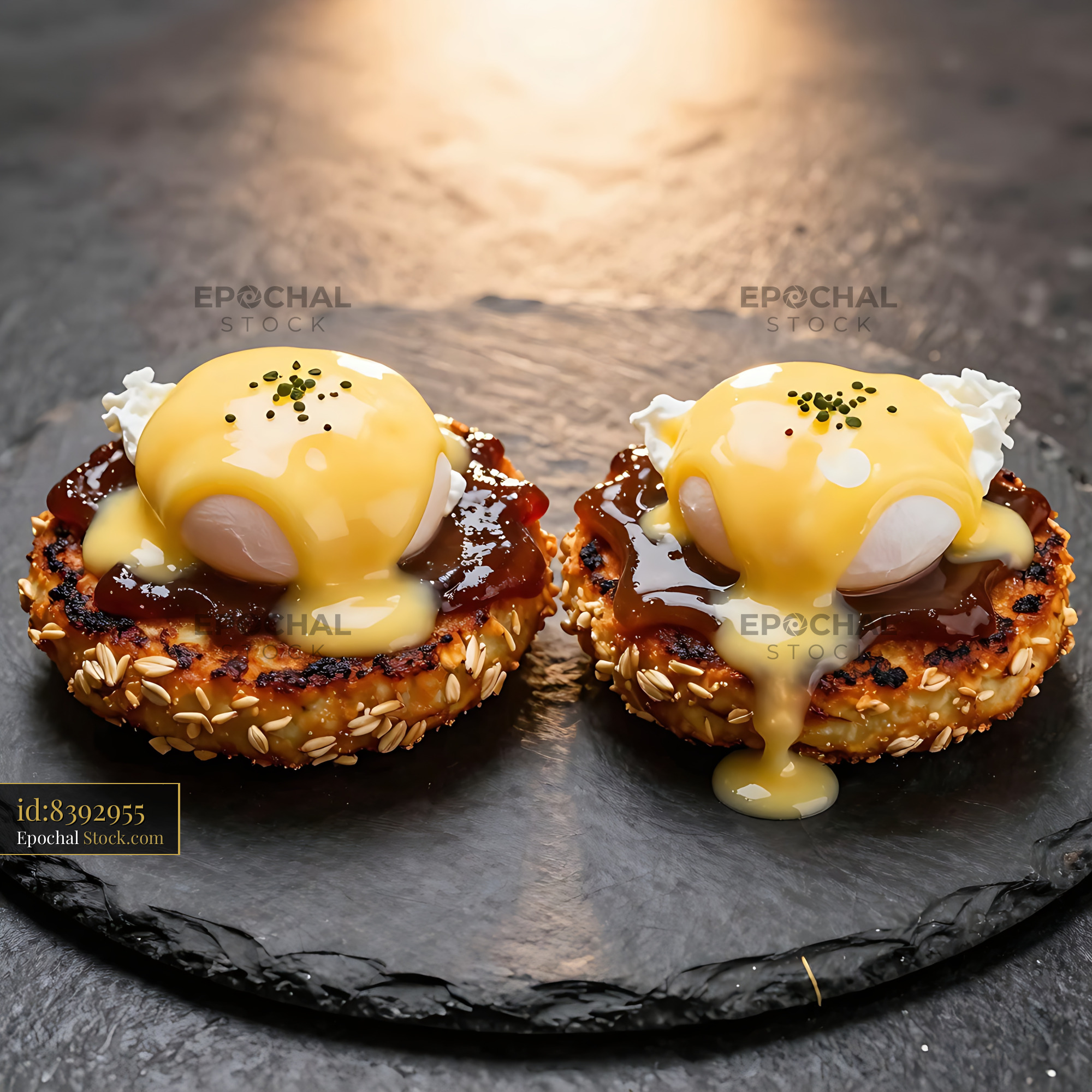 Gourmet Eggs Benedict on Sesame Bagel - stock photo