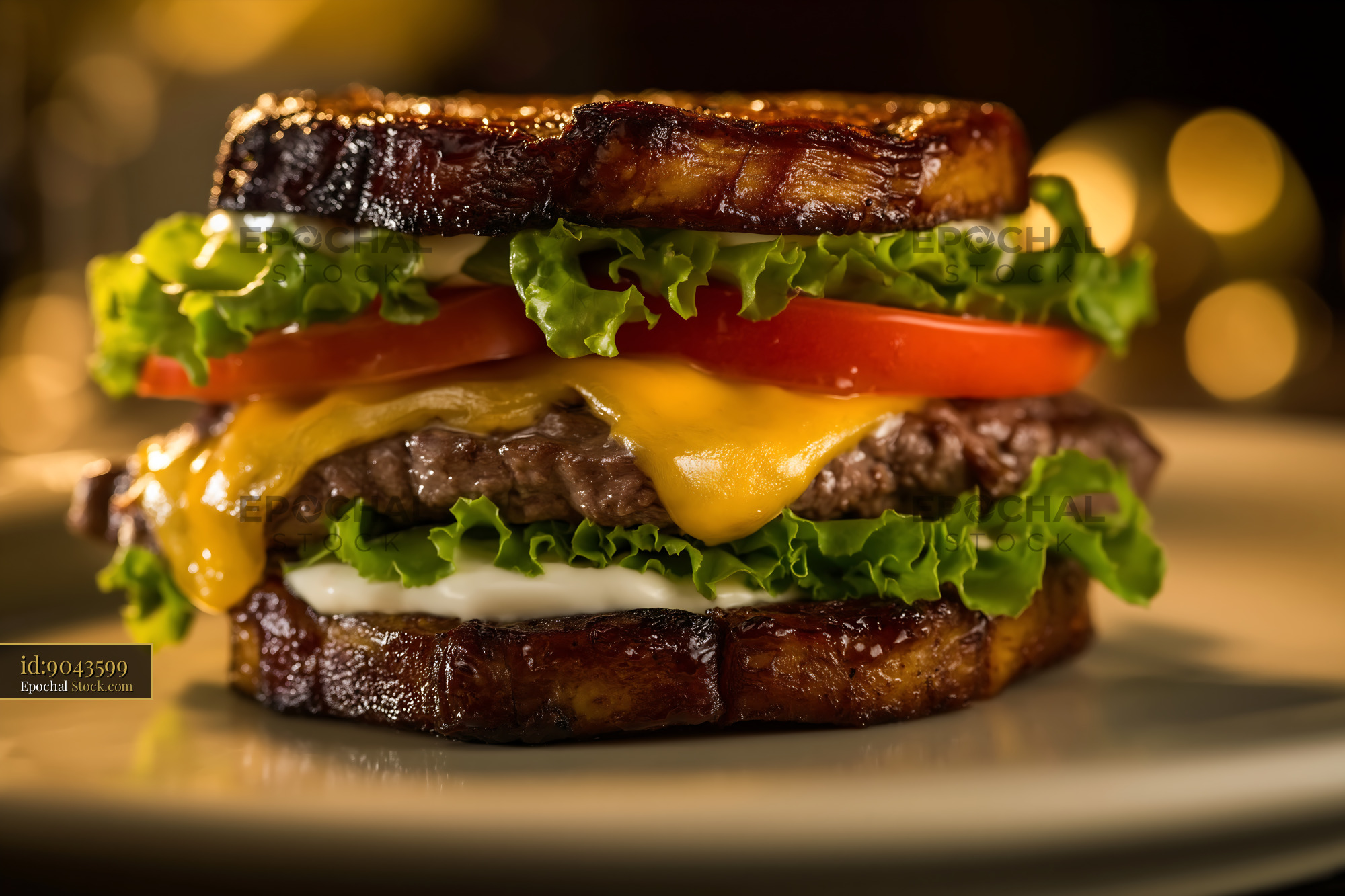 Gourmet Cheeseburger Stack on Toasted Bread - stock photo