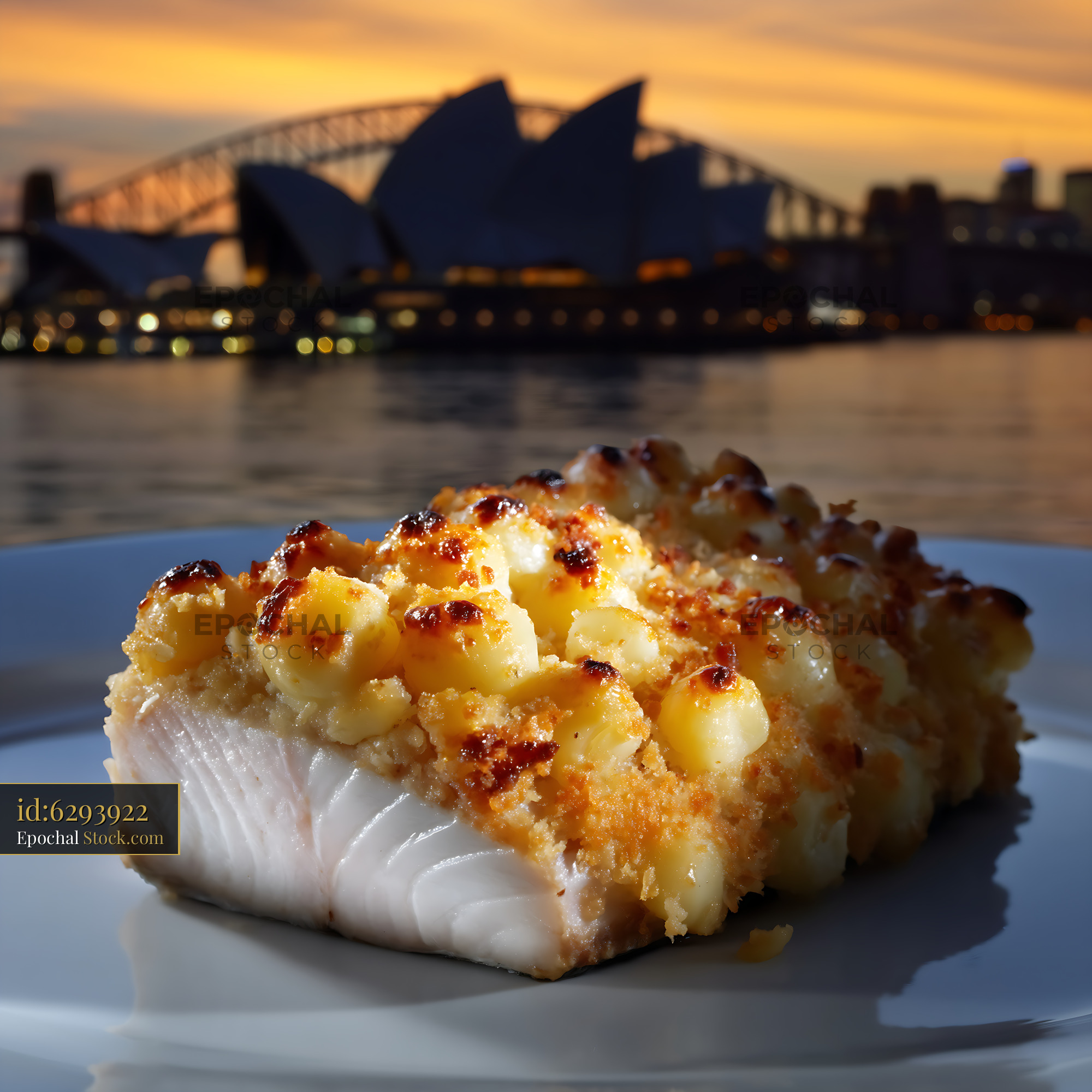 Macadamia Crusted Fish with Sydney Opera House - stock photo