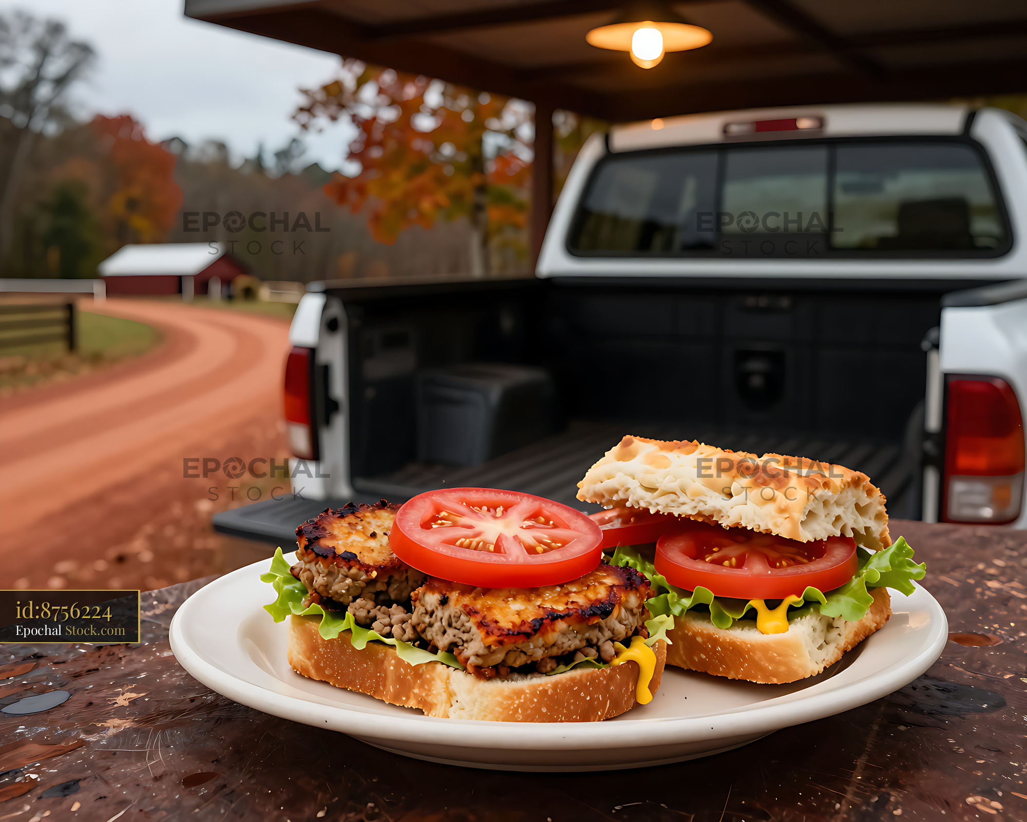 Livermush Sandwiches at Rural Farm with Truck - stock photo