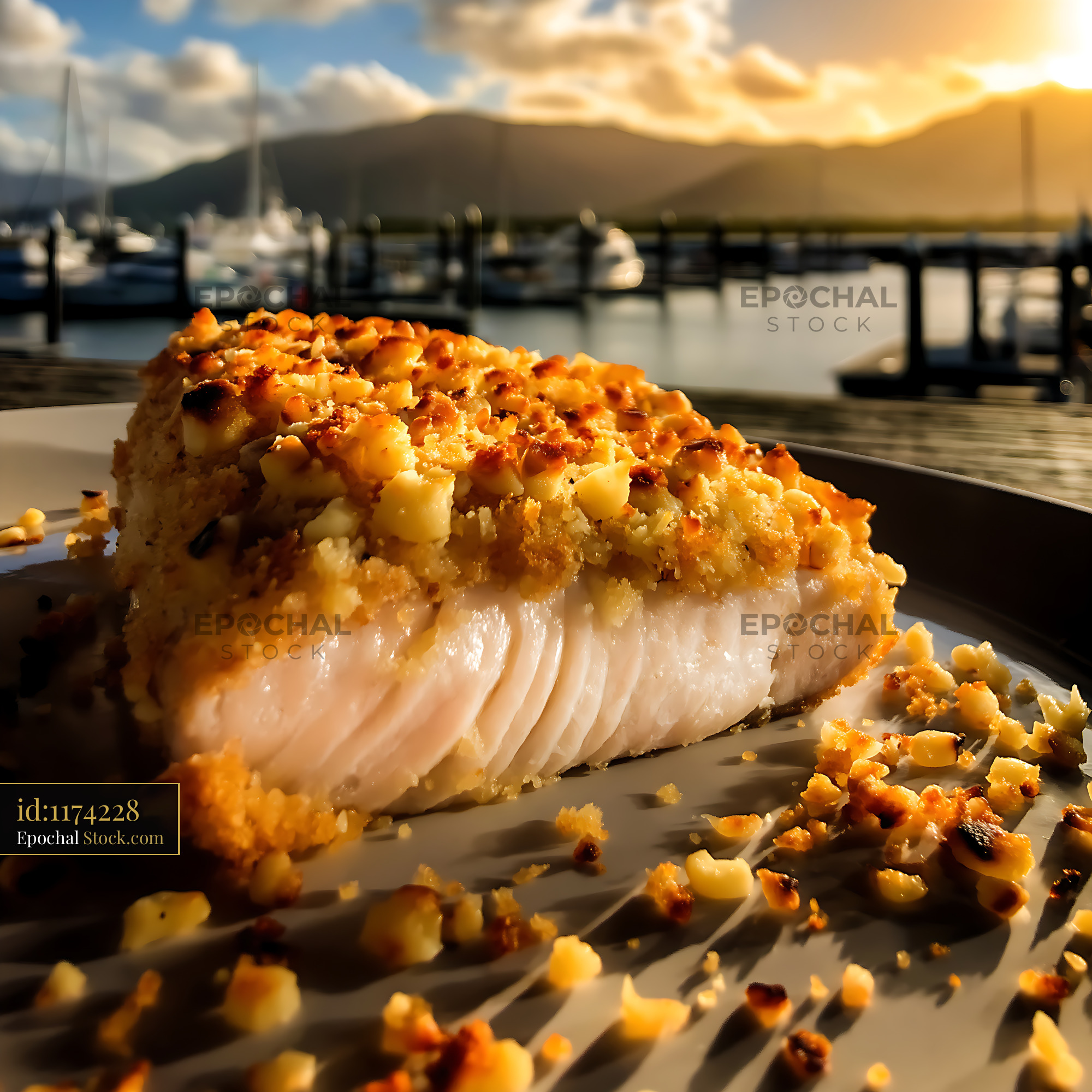 Macadamia Crusted Fish Filet by the Harbor - stock photo
