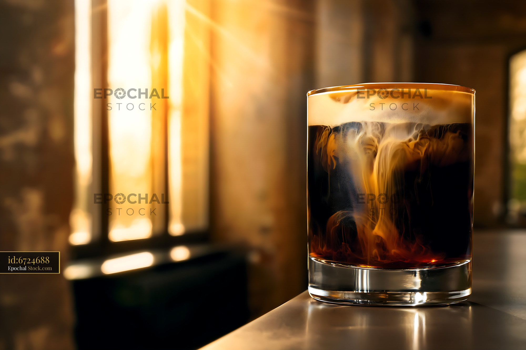 Nitro Caramel Coffee with Ice in Golden Sunlight - stock photo