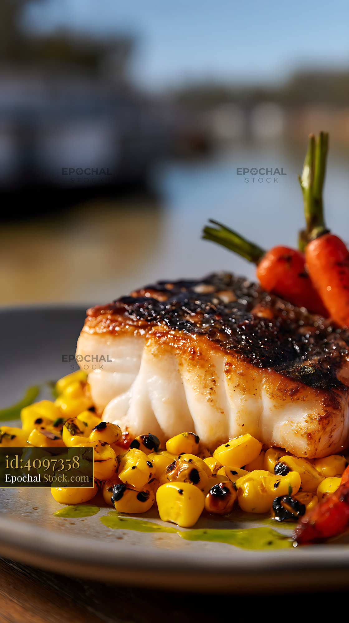Seared Murray Cod Fillet with Charred Corn - stock photo
