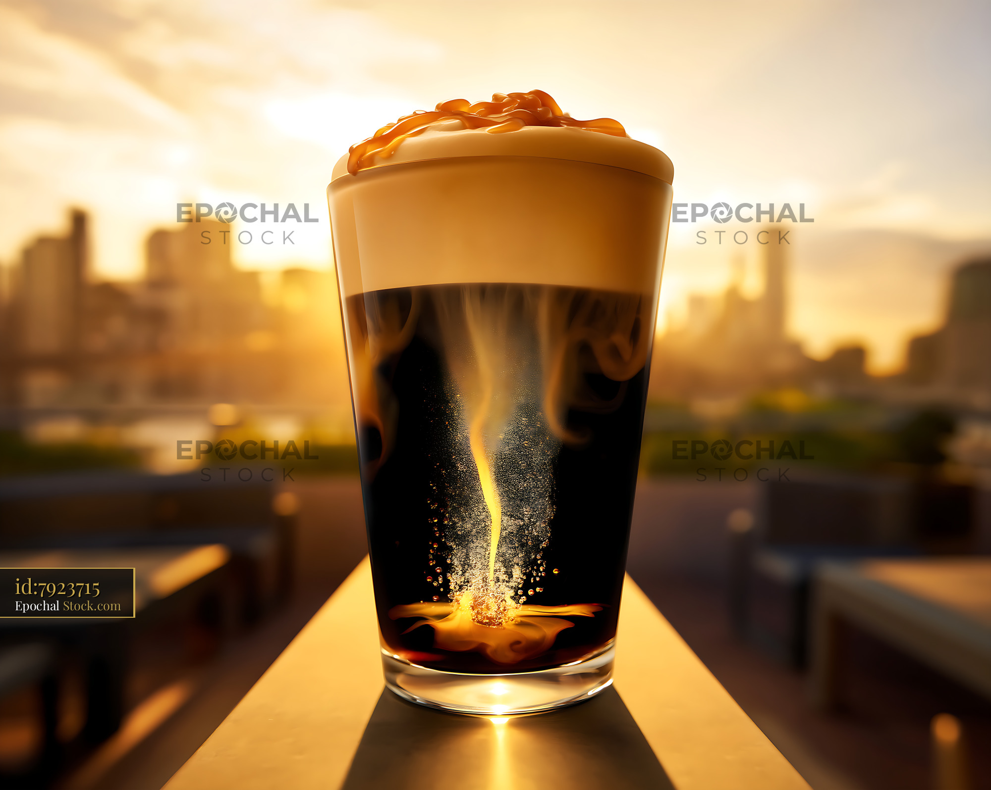 Nitro Caramel Coffee with Cityscape View - stock photo