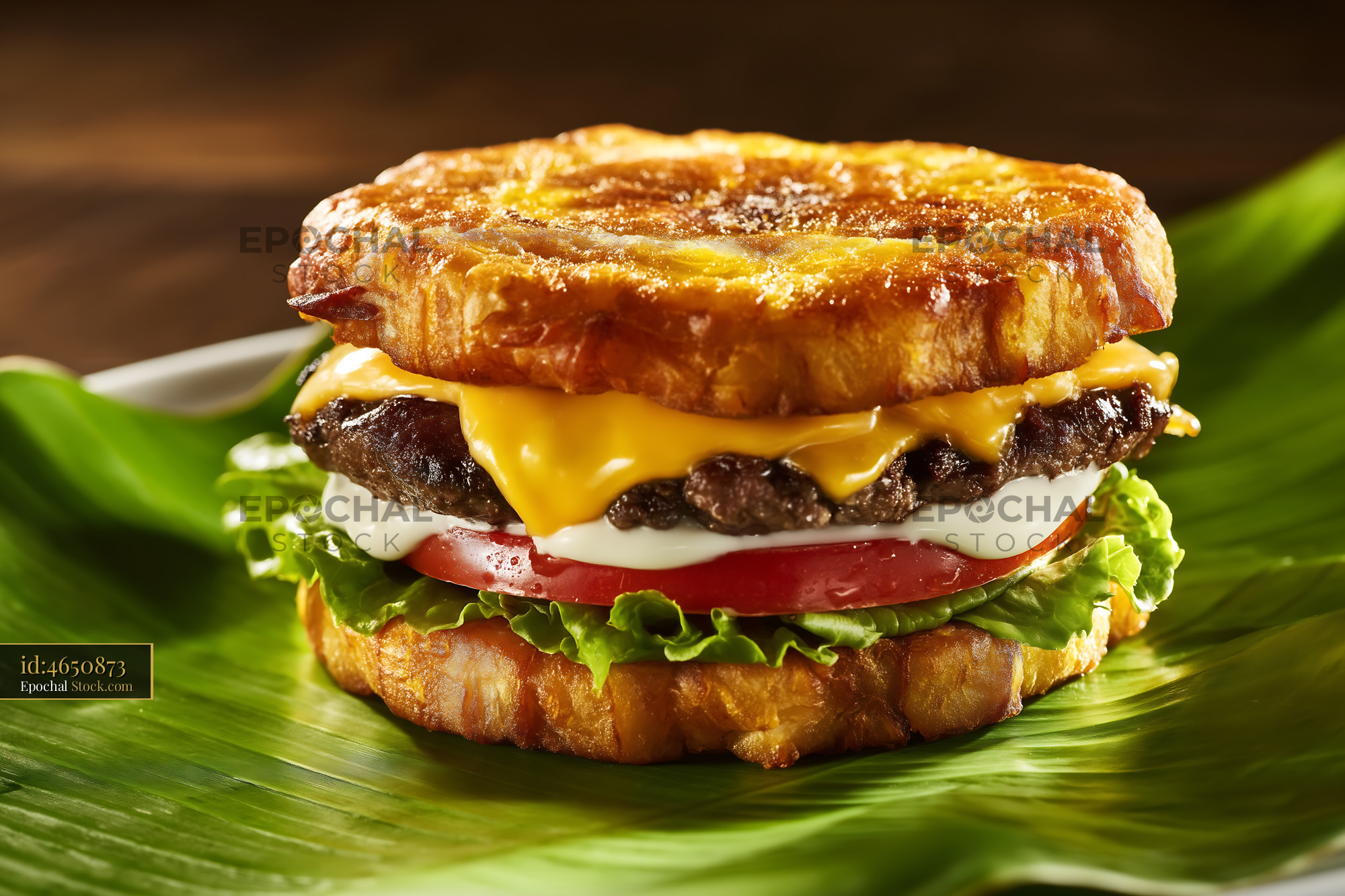 Gourmet Croissant Burger on Banana Leaf - stock photo
