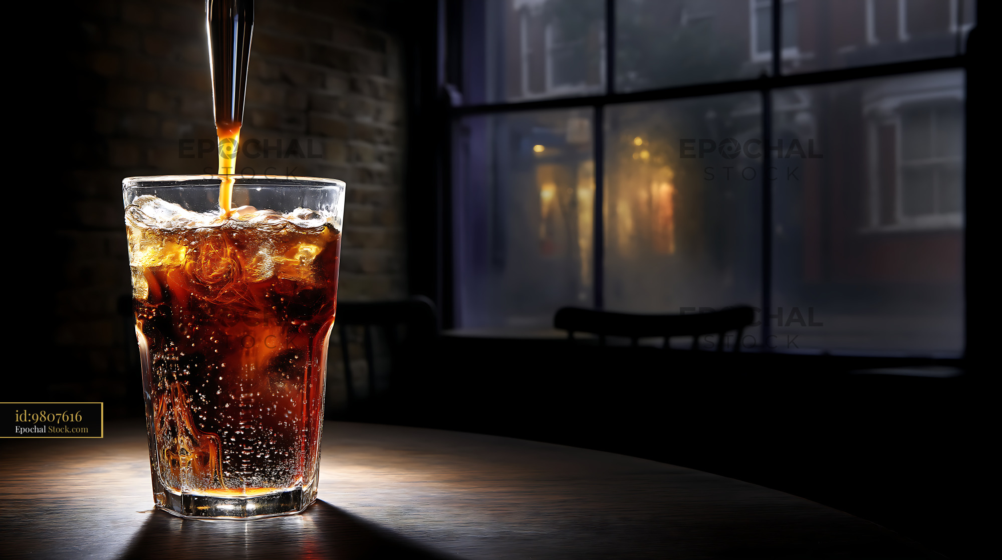 Nitro Caramel Coffee Pouring into Glass Evening - stock photo