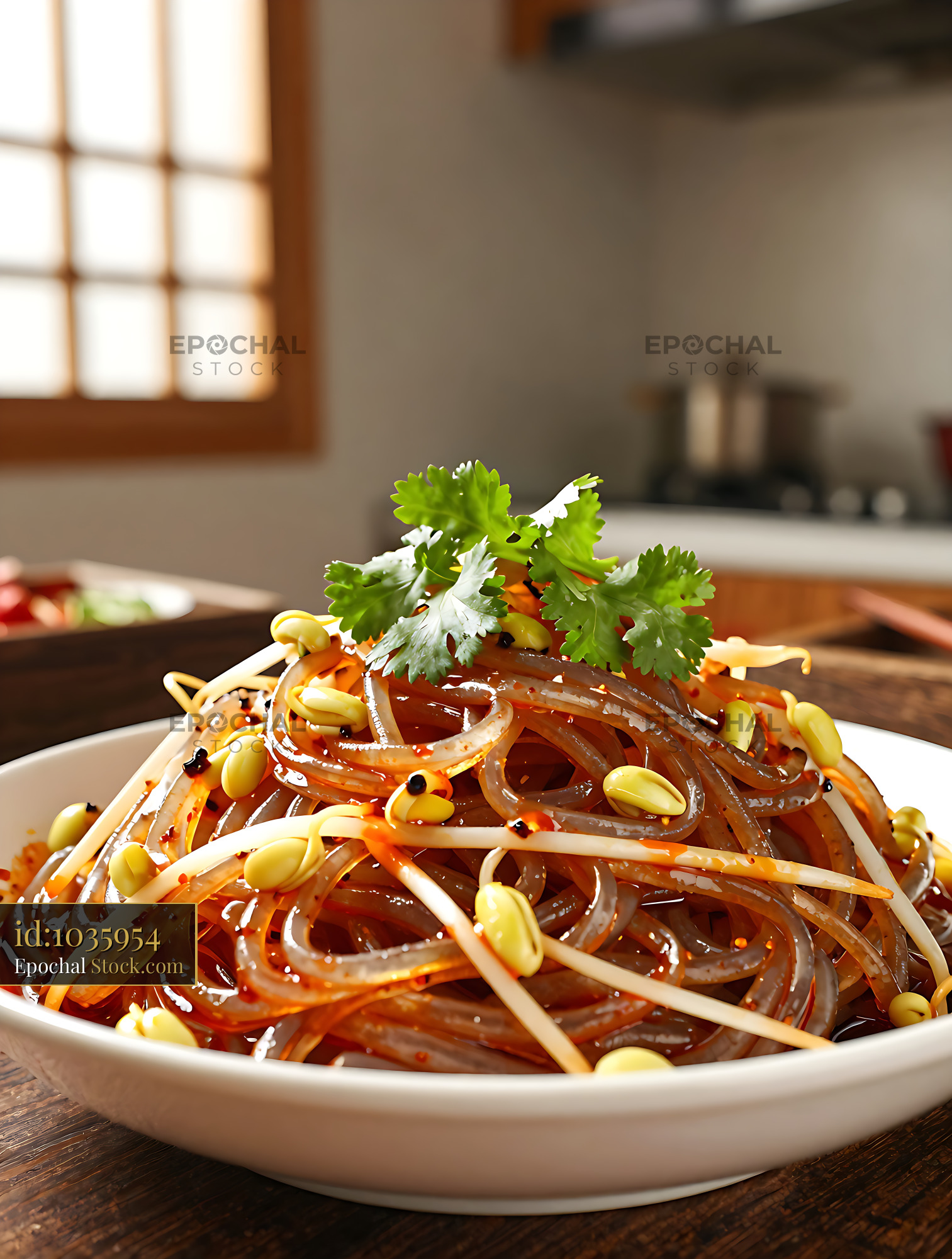 Sichuan Glass Noodle Salad Topped with Cilantro - stock photo