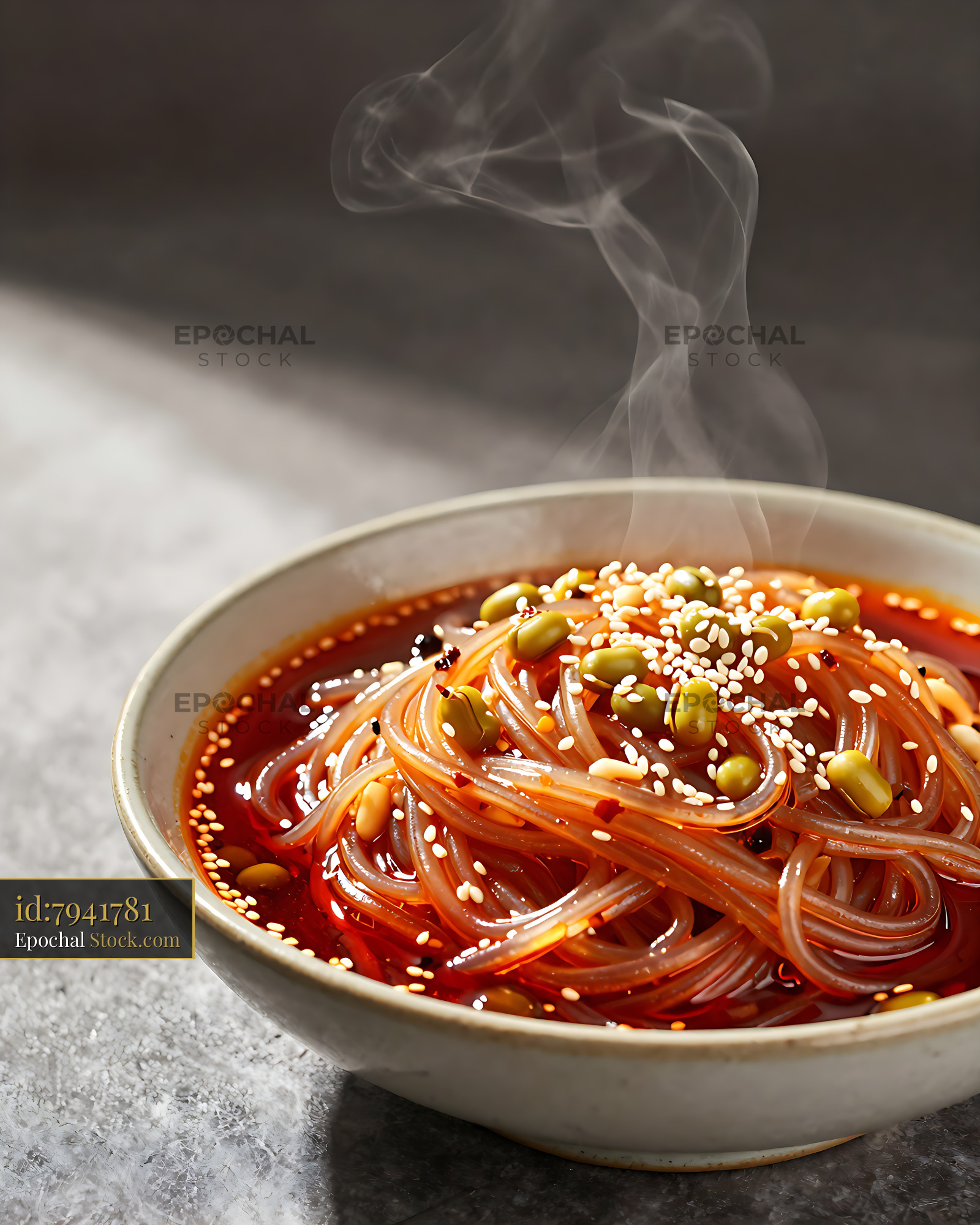 Sichuan Glass Noodle Salad Steaming in Spicy Broth - stock photo